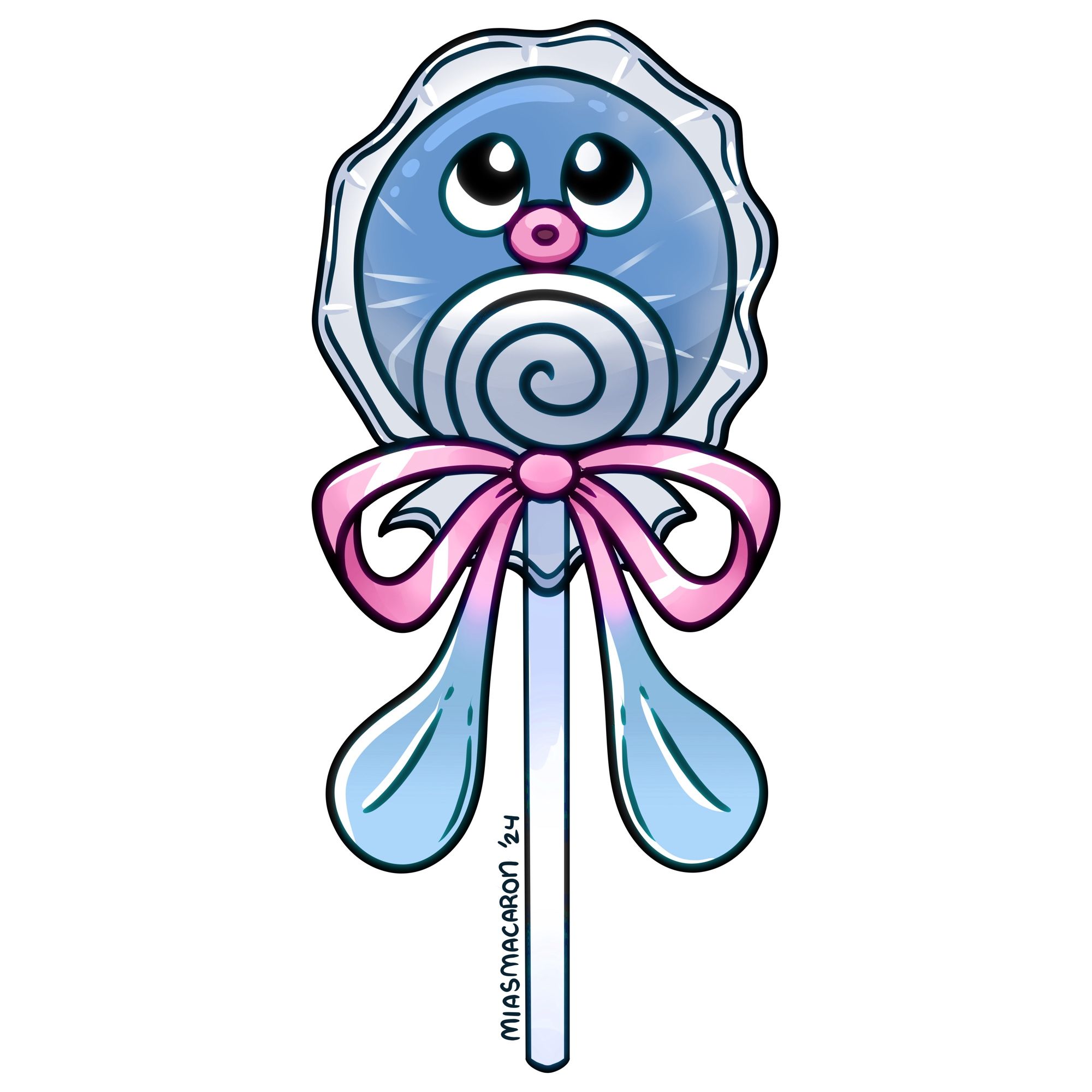 The Pokémon Polywag drawn as a lolipop tied with a pink bow.