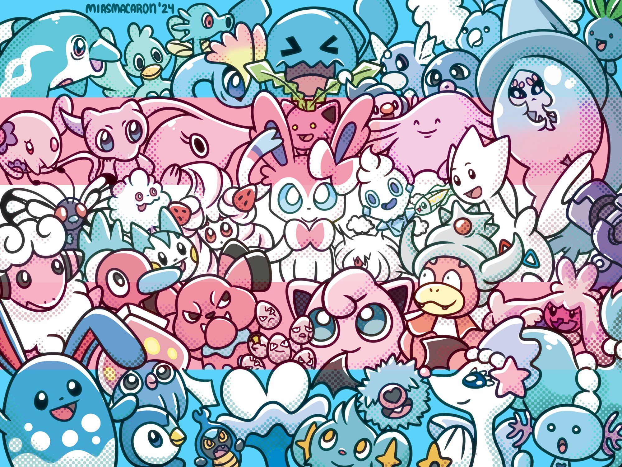 A trans pride flag made up of Pokémon. 

Image illustrated by MiasMacaron