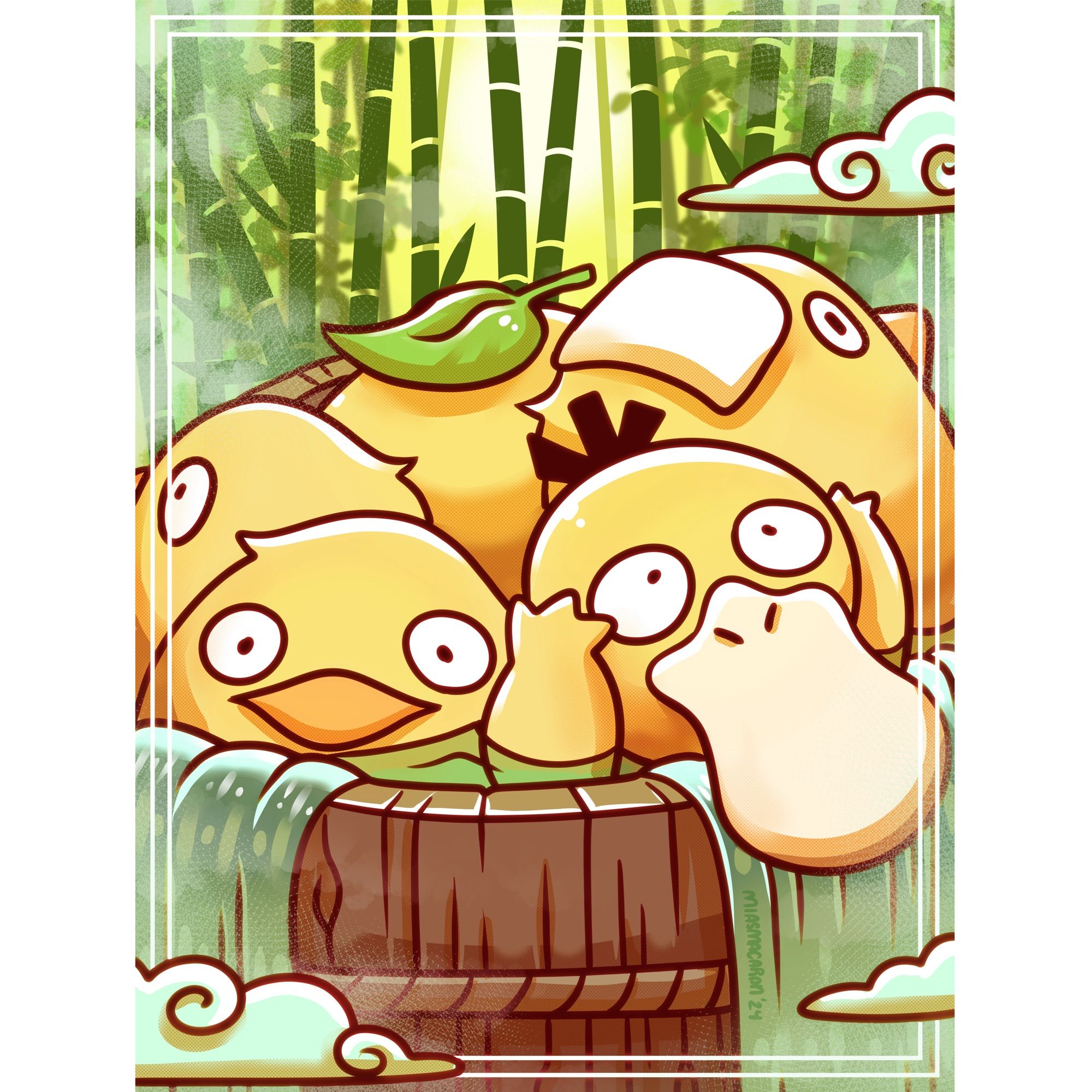 Digital artwork by MiasMacaron of the ducks from the ghibli film Spirited Away sharing a bath with the Pokémon Psyduck in a bamboo forest.