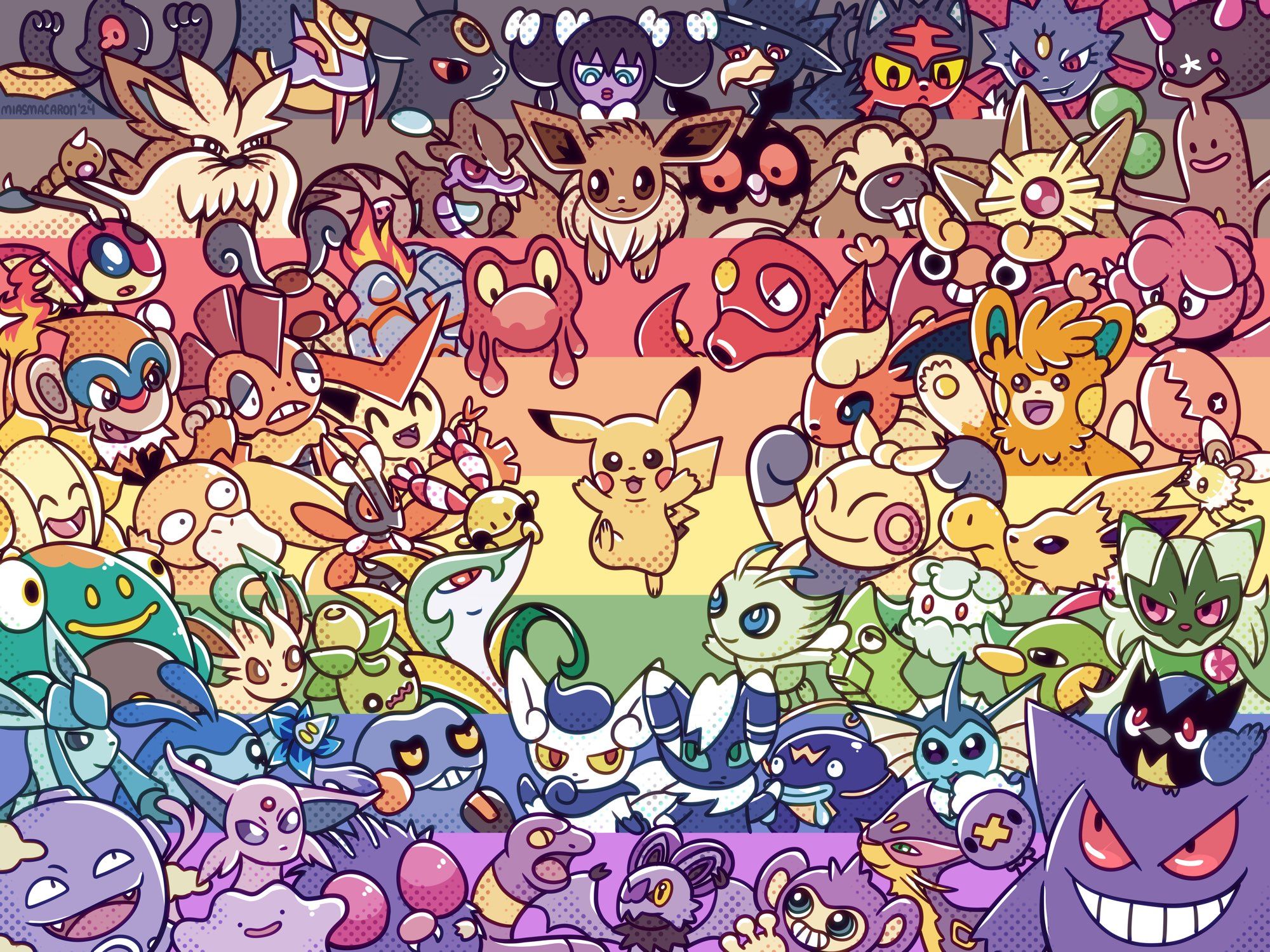 The rainbow pride flag (with the black and brown lines representing intersectionality and the unique struggles of POC queers) made up of Pokémon. 

Digital artwork illustrated by MiasMacaron.