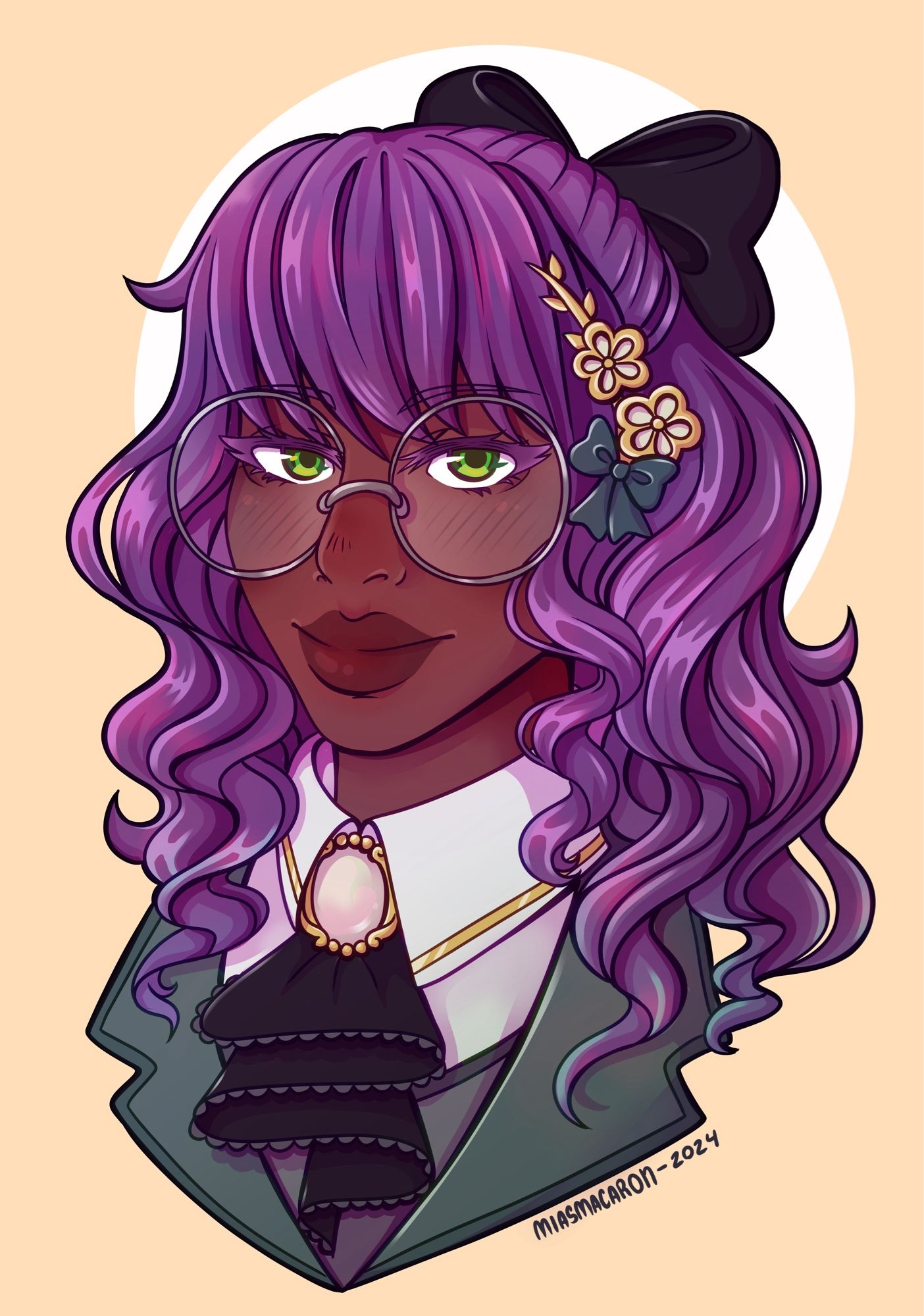 A digital anime artwork by MiasMacaron in 2024. Pictured is a black girl with green eyes and long purple curly hair. She is wearing a black cravat with a pearl brooch, and a green jacket. In her hair she has a large black bow and a gold floral hair clip. She is wearing large round spectacles and is wearing a neutral smile.