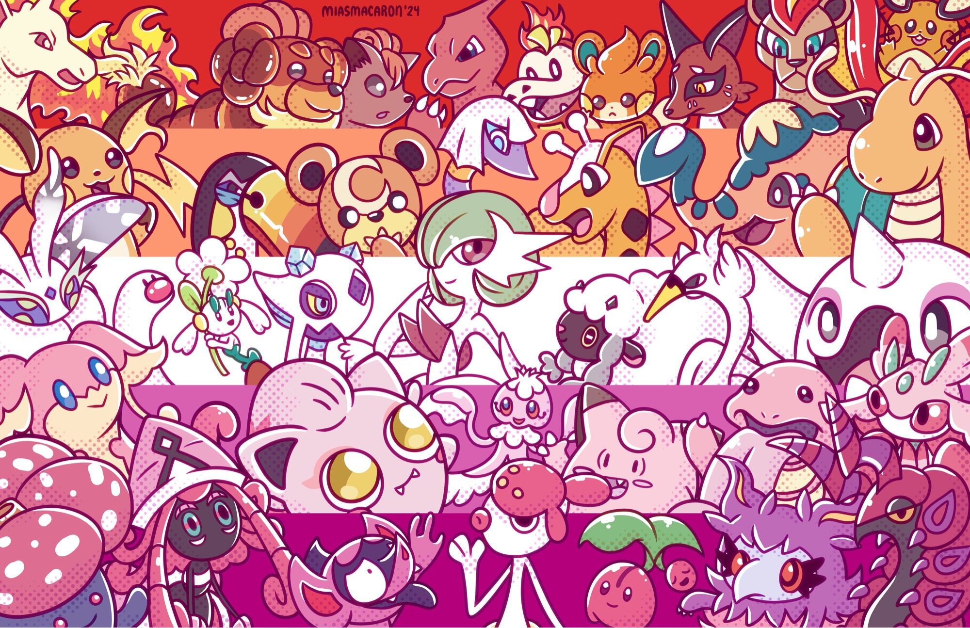 The lesbian pride flag made up of Pokémon. 

Art by MiasMacaron.