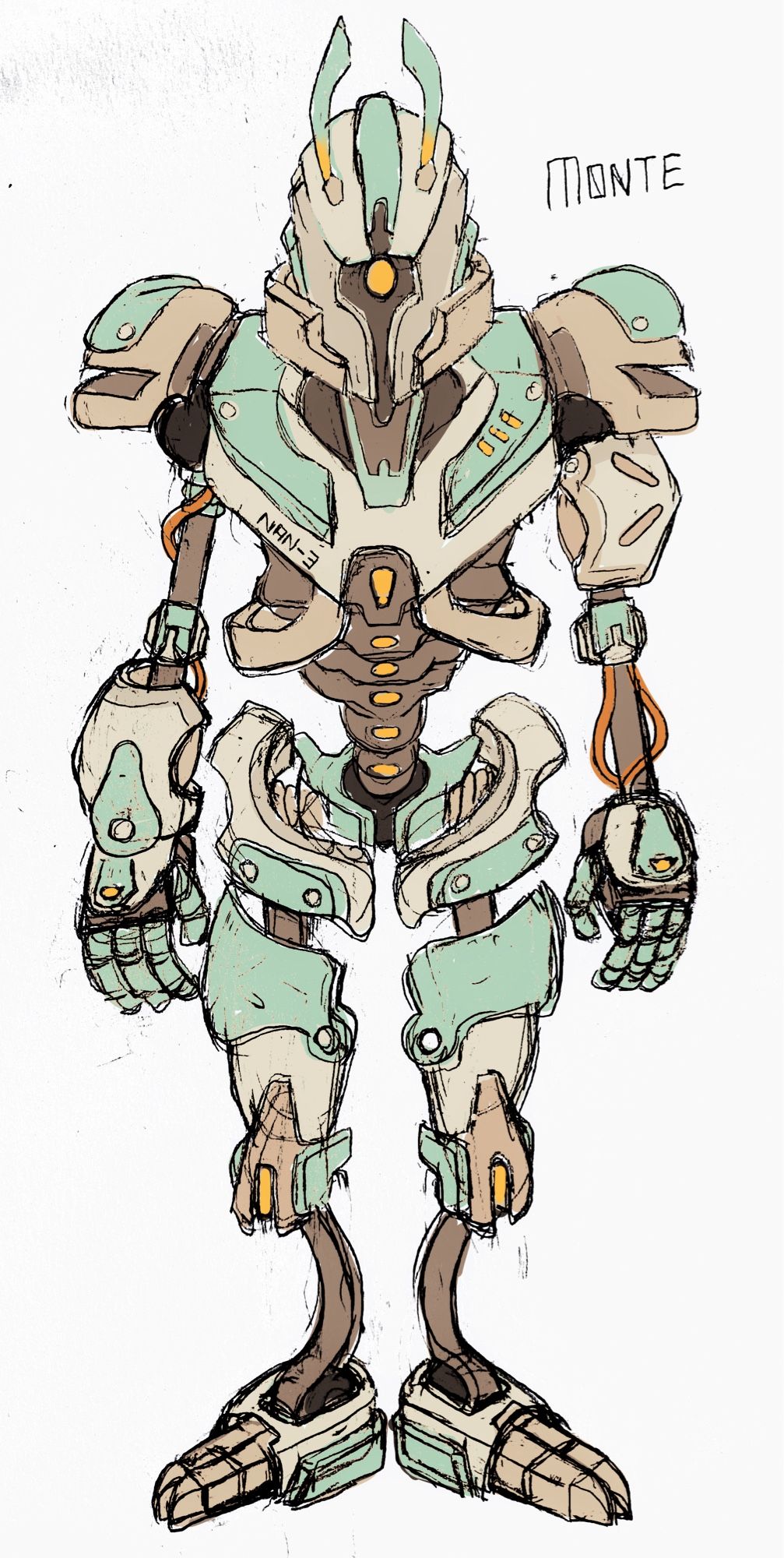 A coloured sketch of an original robot design in shades of brown and blue with orange lights and cords.