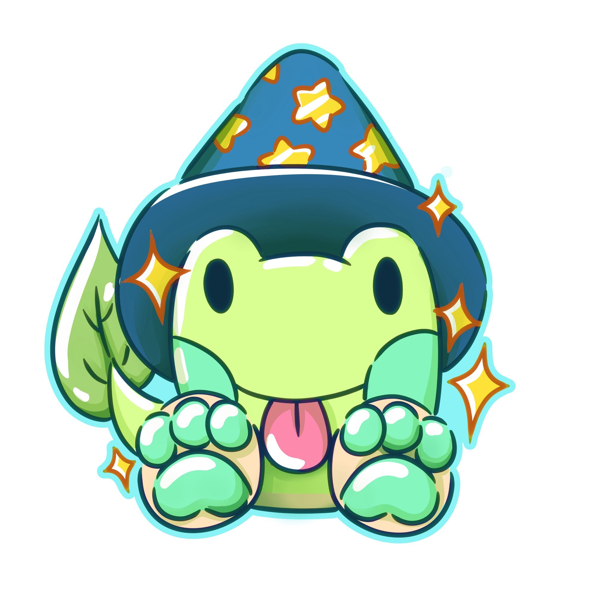 Plort, a green and teal frog like creature with paws and a tail like a dog (topped with a leaf) wearing a blue wizard hat with a star pattern on it. 

Digital art.