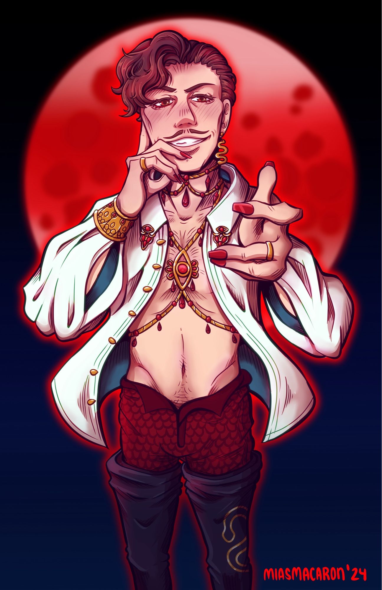 Anime/comic book style art of a human man standing in front of a blood red full moon. He has curly brown hair and brown eyes, a pencil stache and a come hither expression and pose. His shirt is fully open, revealing the body chains he has adoring him, and his pants are partially opened, a sfw tease of the nsfw below. He is in thigh highs because he is a slutty king.