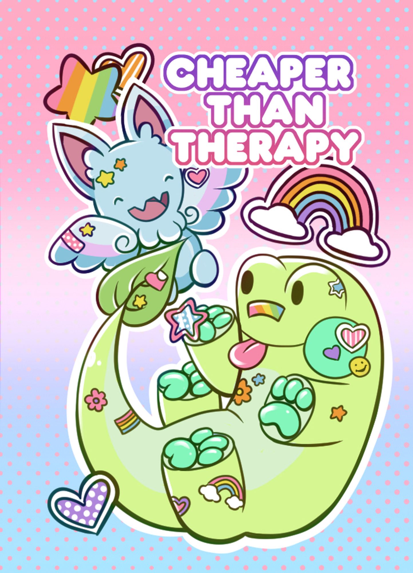 Illustration of two of my mascot characters, Hermes (blue bat like creature with feathered wings) and Plort (part frog part dog all stupid). They are covered in stickers and the text on the image says “Cheaper than Therapy”