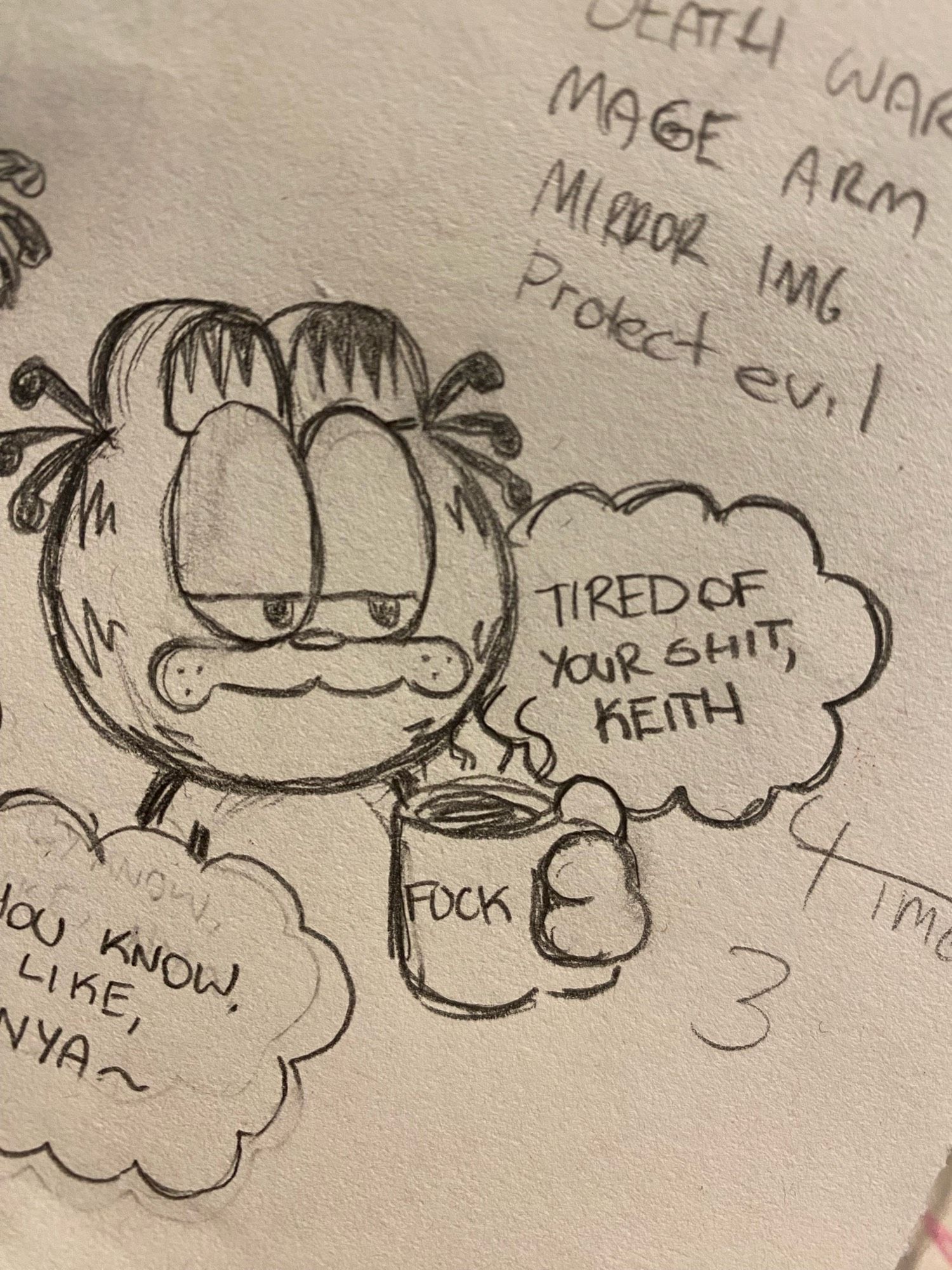 Garfield the cat holding a mug that says FUCK on it looking displeased. Next to him is a thought bubble that says TIRED OF YOUR SHIT, KEITH