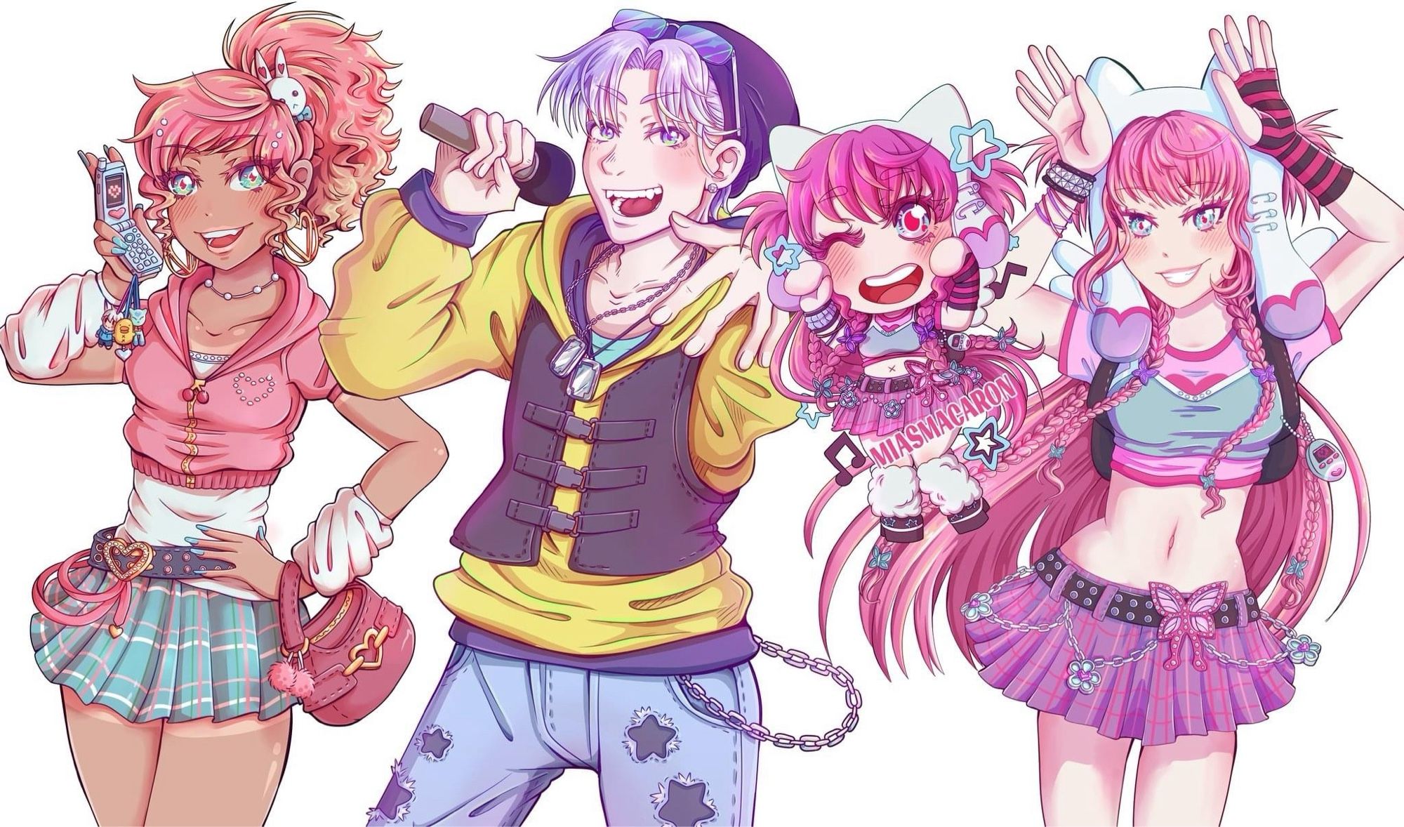 Four characters drawn in an anime style, all wearing Y2K inspired outfits.