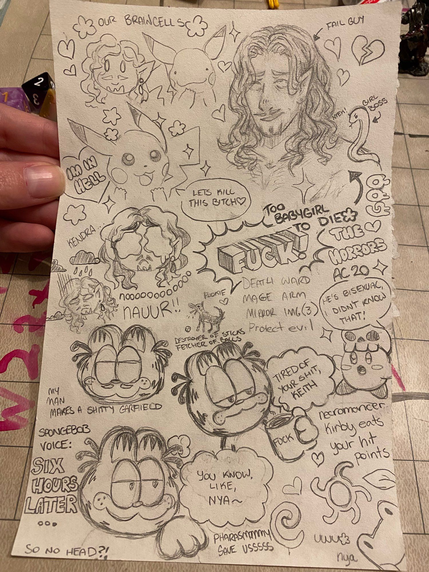 A sheet once used to take notes, now covered in so many stupid doodles and cries for help that it’s impossible to cover in a blurb.