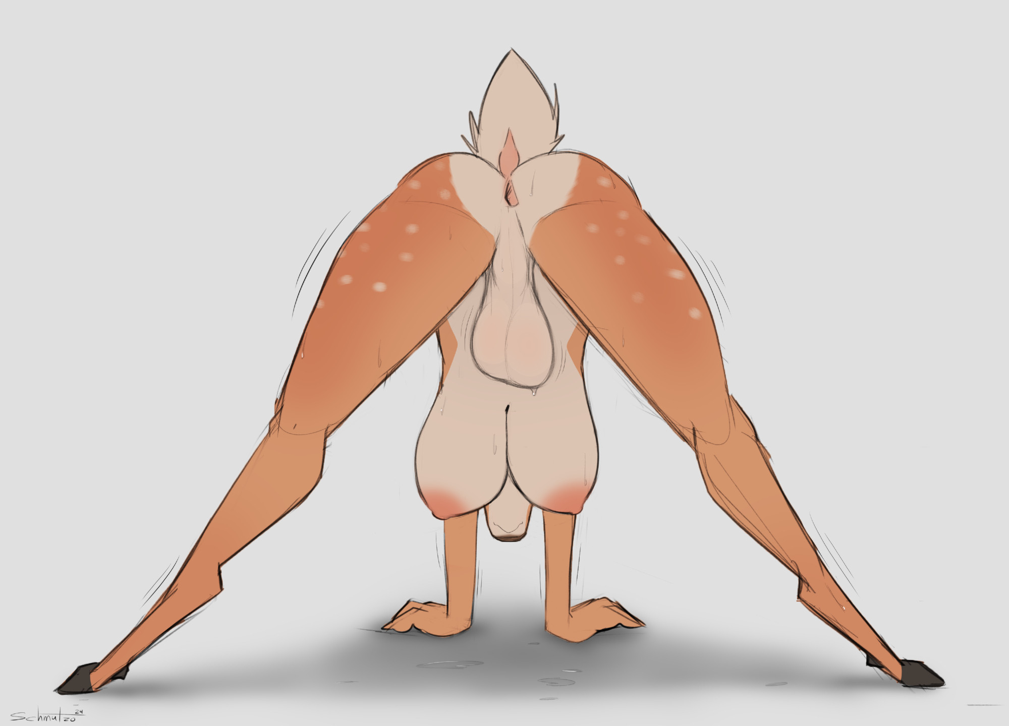 nude sweaty deer with nice boobs and fat balls doing the downward deer pose