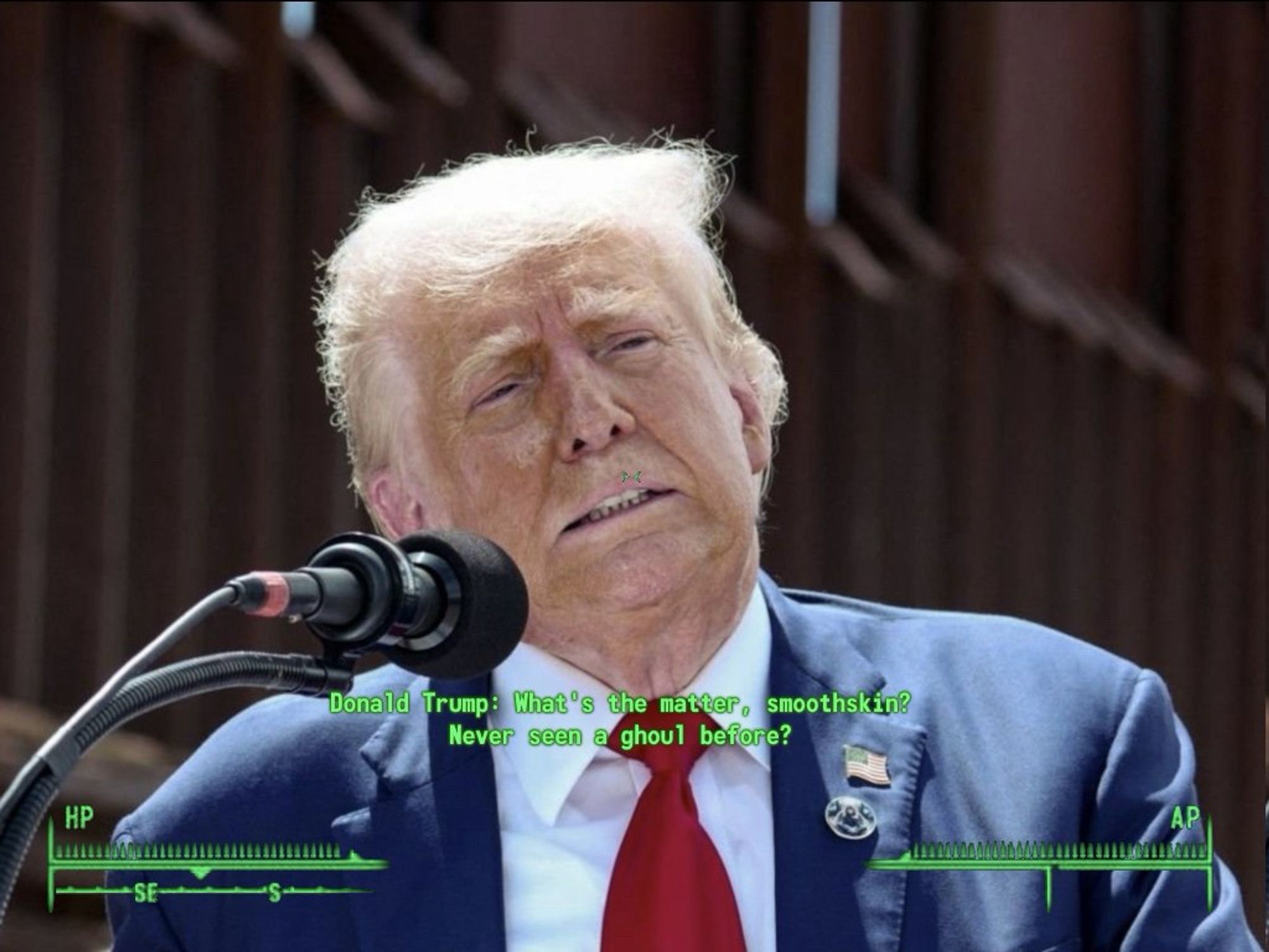 Close-up of Donald Trump speaking at a microphone, looking like a ghoul. Fallout-style UI overlay with text: "What's the matter, smoothskin? Never seen a ghoul before?"