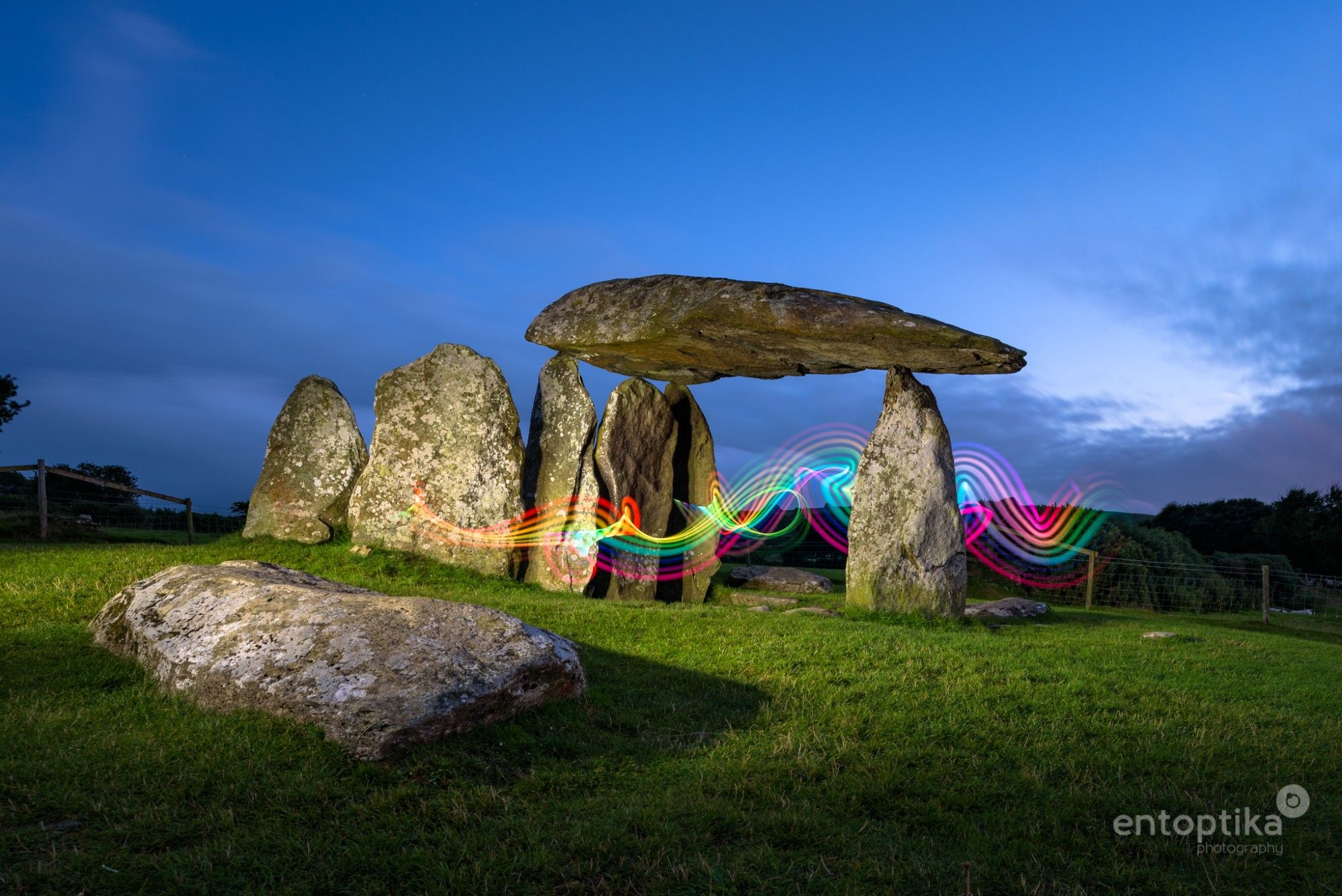 Pentre Ifan Chambered Tomb with light trails within.