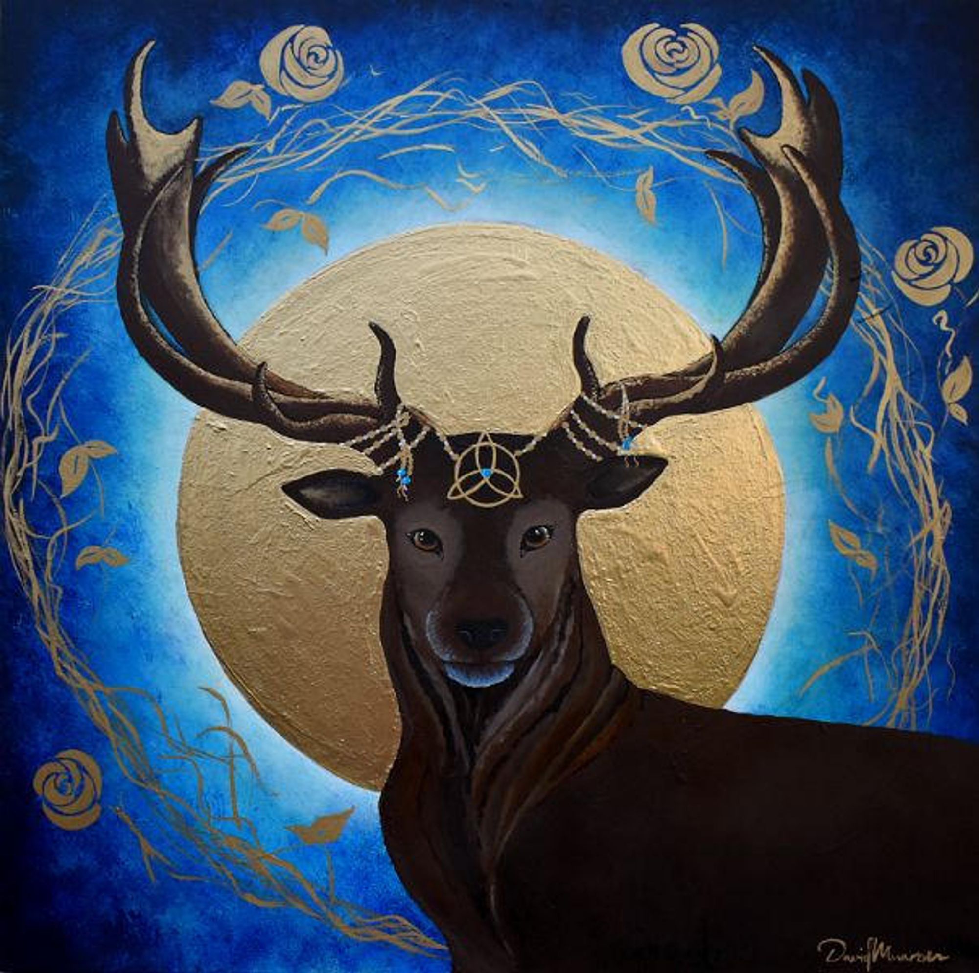 A painting by artist David Munroe showing a supernatural stag with a Celtic knot necklace wrapped in its antlers, a bright golden moon behind it like a halo, with briar and roses growing in a circle around that in gold.