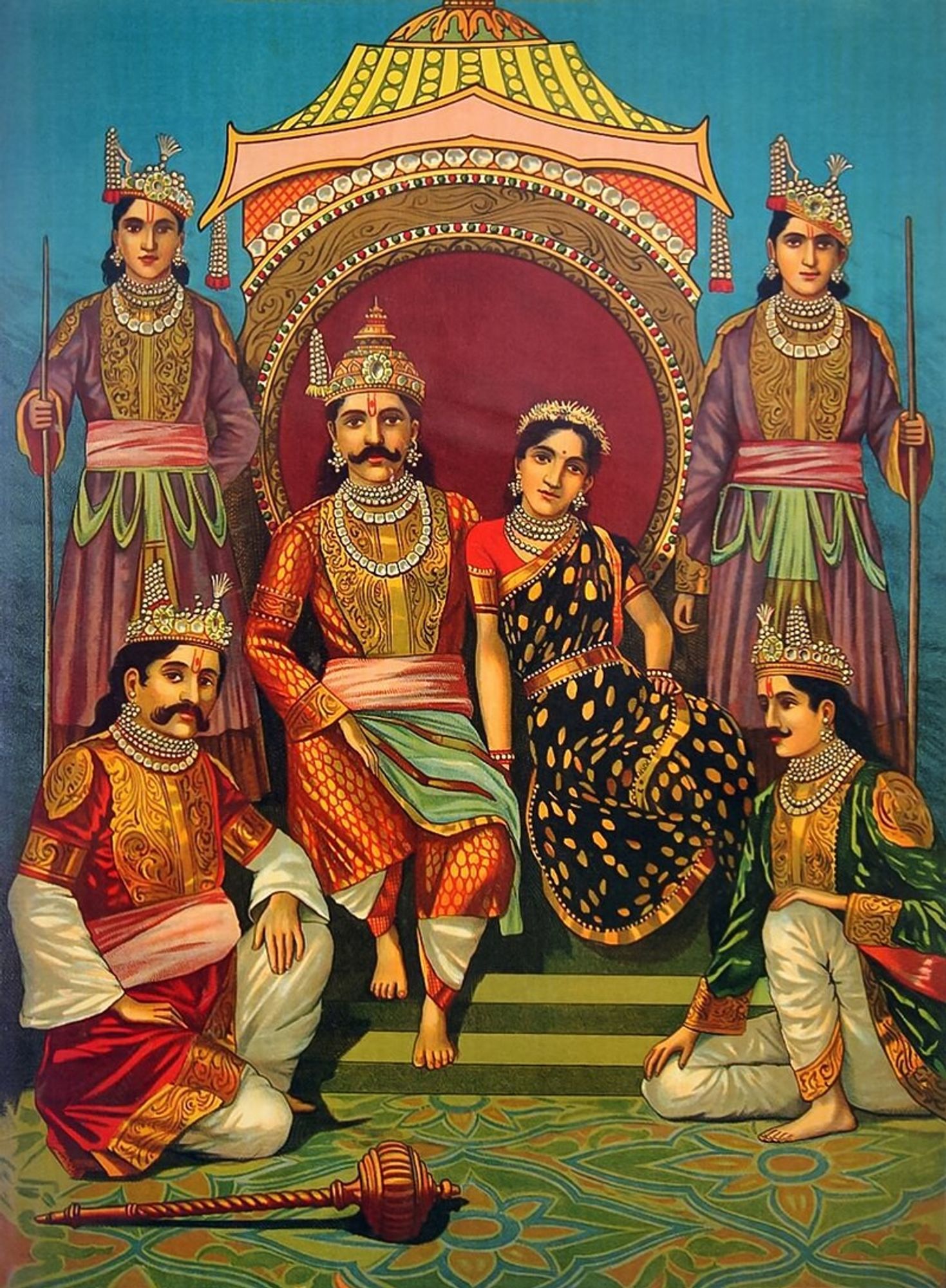 A 1910 depiction of Draupadi and the Pandavas Brothers, Draupadi sitting on her throne with one of the brothers while the other four stand around it in varying protective modes.