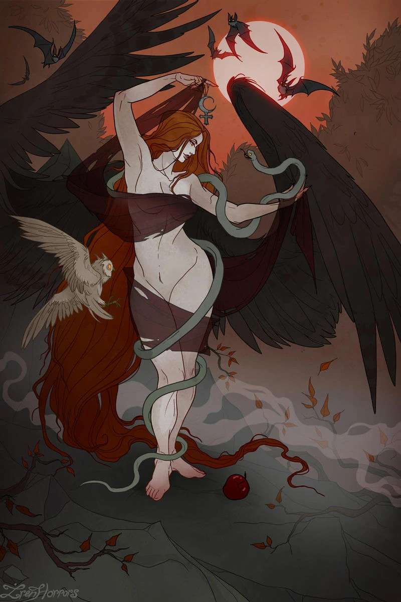 IrenHorror's gorgeous depiction of Lilith as Queen of the Night, a nude fair skinned red-headed woman with reddish eyes holding a snake and a strange cross with a crescent moon upon it; a white owl is at her side, and bats fly above a blood red moon. A black wing extends from her back.