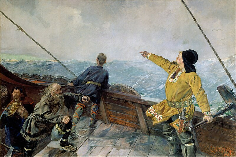 Christian Krohg's depiction of Leif Erikson spotting the coast of Newfoundland, pointing in the distance while his men look on, as he pilots.