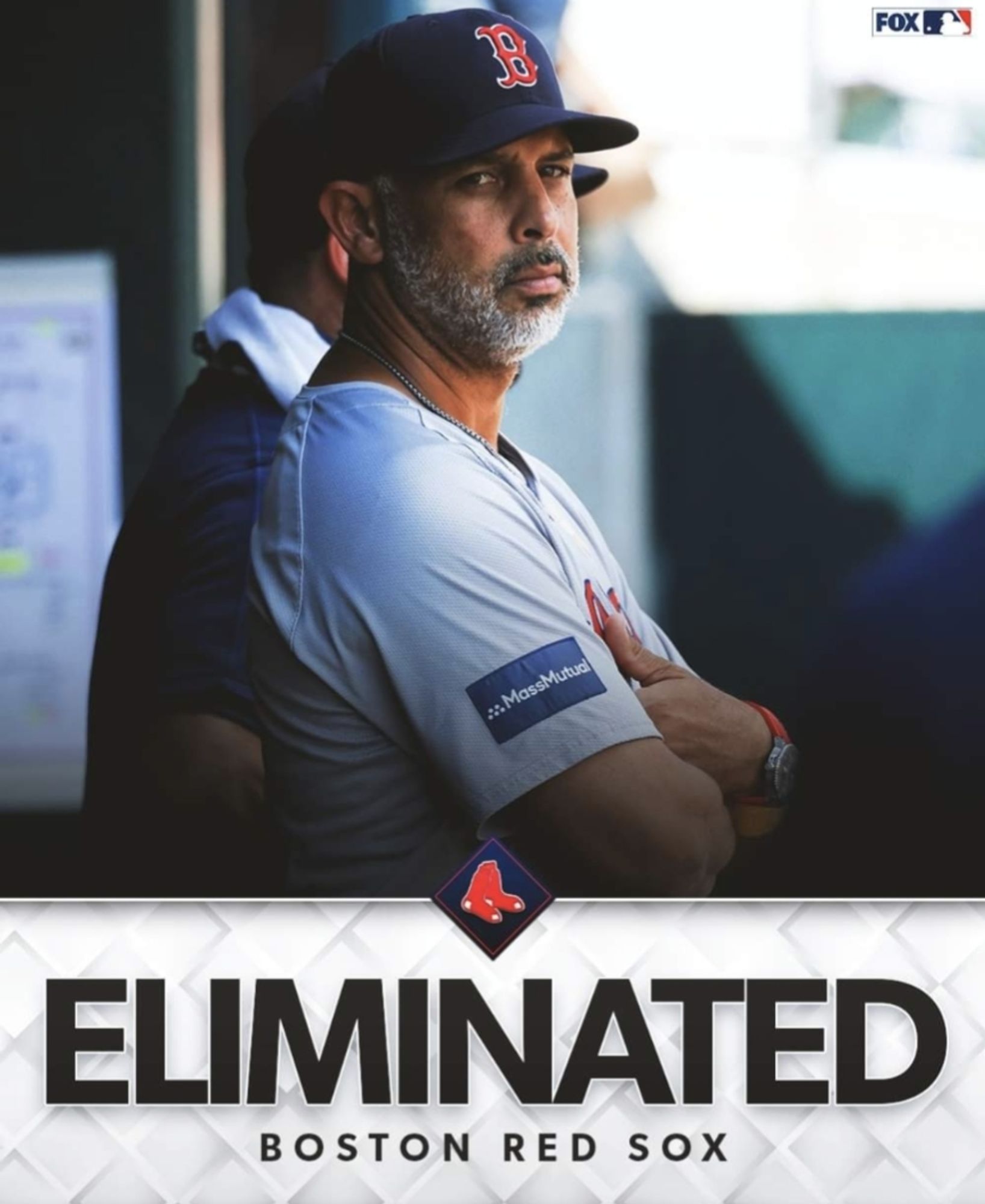 Alex Cora looked dejected as the text at the bottom says the Boston Red Sox are eliminated from postseason play.