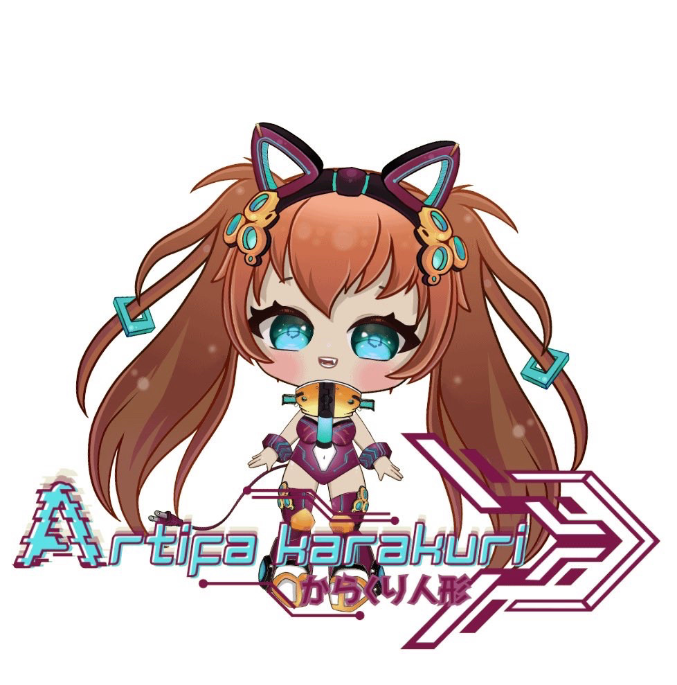 Promotion image of Artifa stood behind her official logo, she has a smug grin with a hint of a feline fang