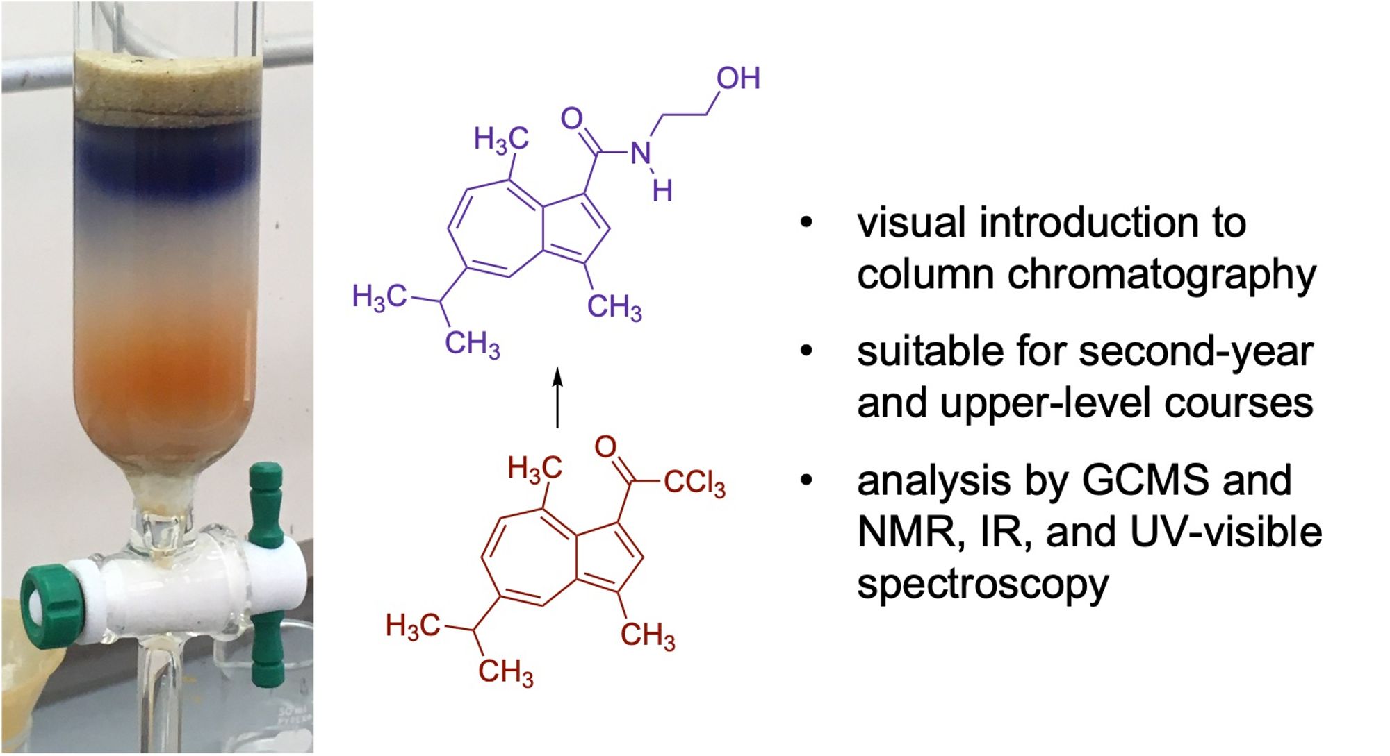 Graphical abstract showing a silica column with clear purple and orange bands along with the corresponding reaction.