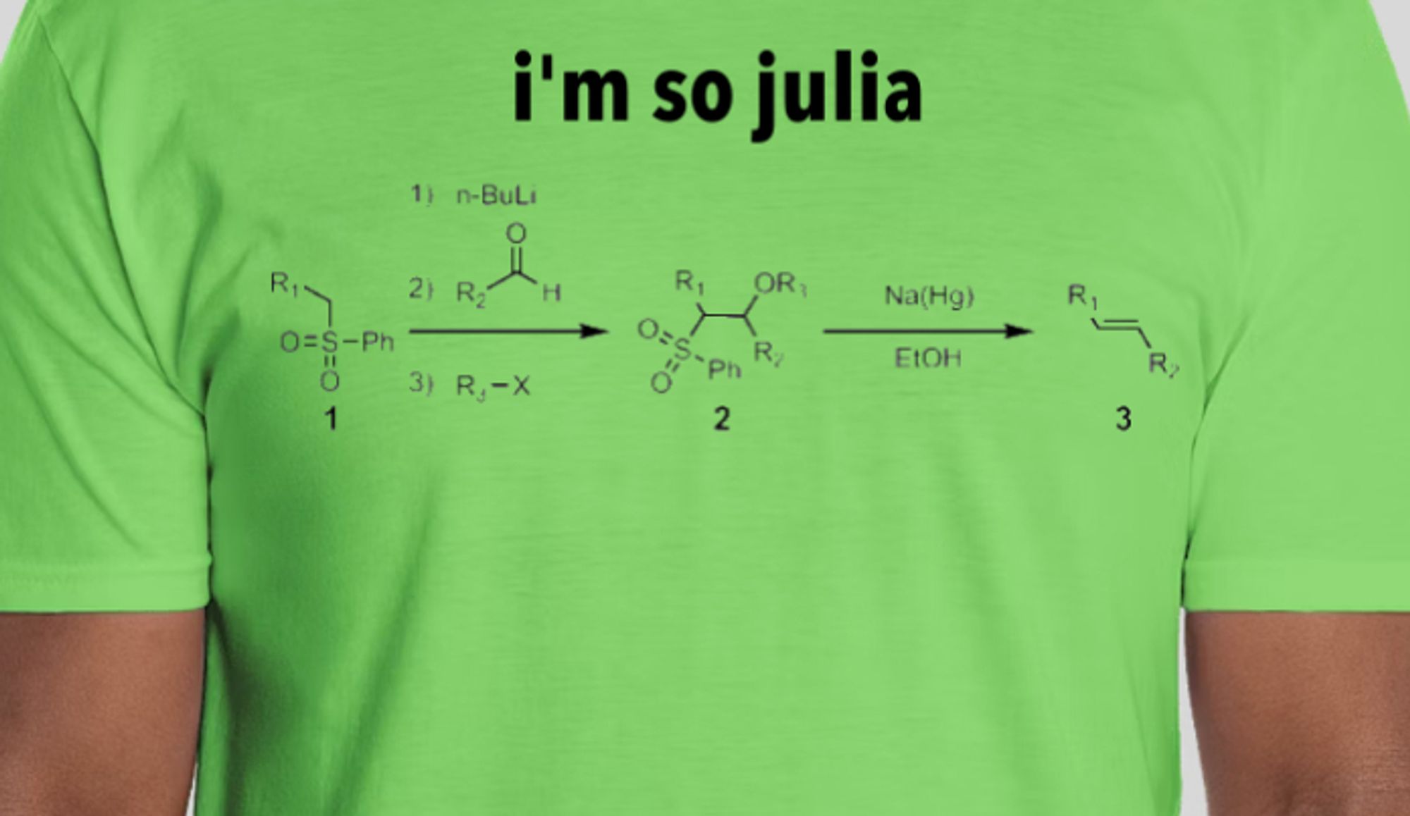 Picture of a neon green T-shirt with reading "i'm so juila" with a picture of the Julia olefination. (It's a really stupid joke.)