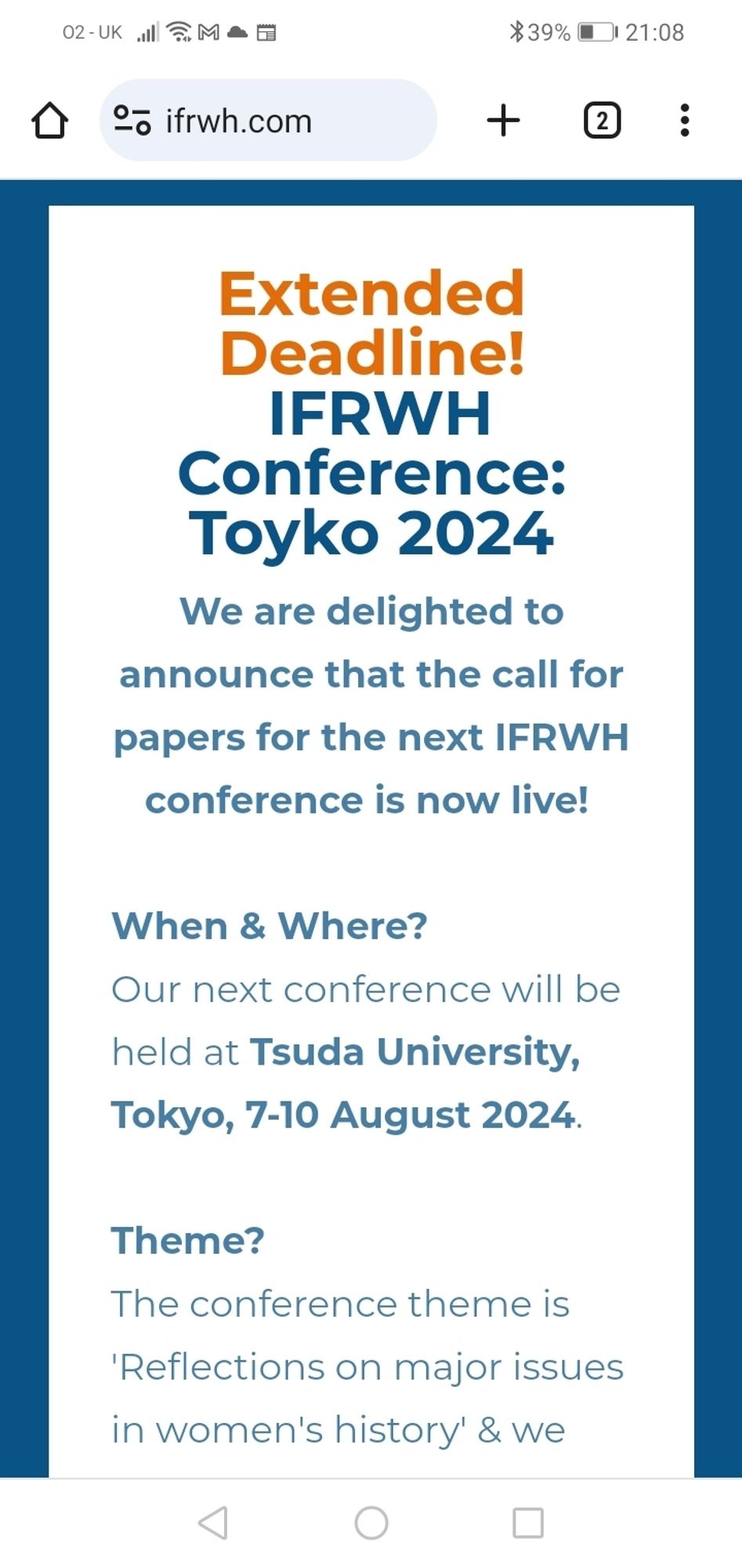 Screenshot setting out the extended call for papers for the International Federation for Research in Women's History conference that is taking place in Tokyo in August 2024. The deadline for abstracts is 1 October.