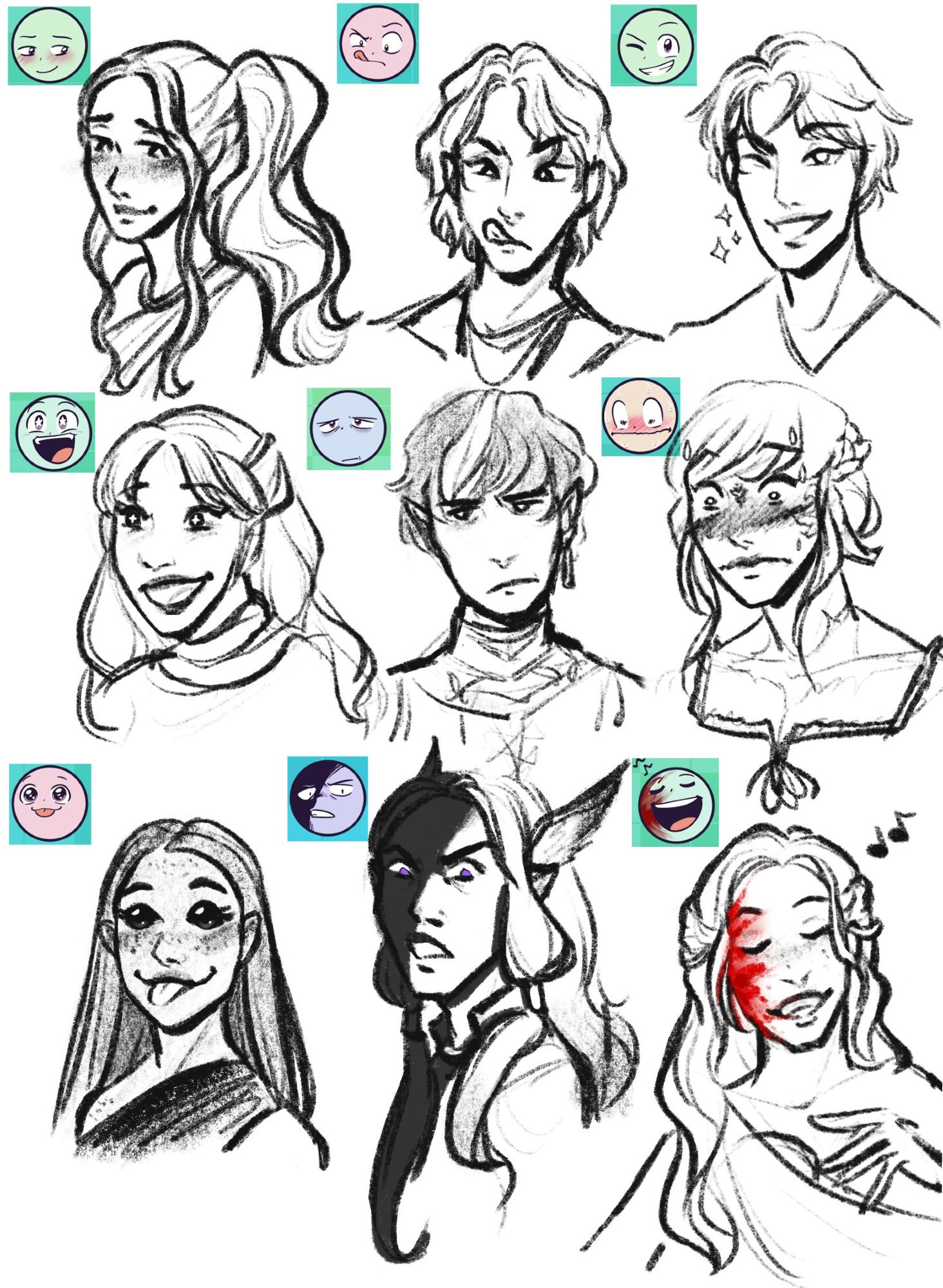 Three rows of three characters each with various expressions. There's a half-elf woman smiling and blushing shyly, a man with wavy hair trying to lick something off his face, a short-haired man winking, a thick-ahired womain looking excited, an elven man with an earring looking unimpressed, an au ra (dragon person) from FFXIV looking flushed and startled, an aasimar with big sparkly eyes with her tongue sticking out, a woman with small wings behind her ears and a half-shadowed face looking furious, and a human woman with wavy hair and blood splattered all over her face singing.