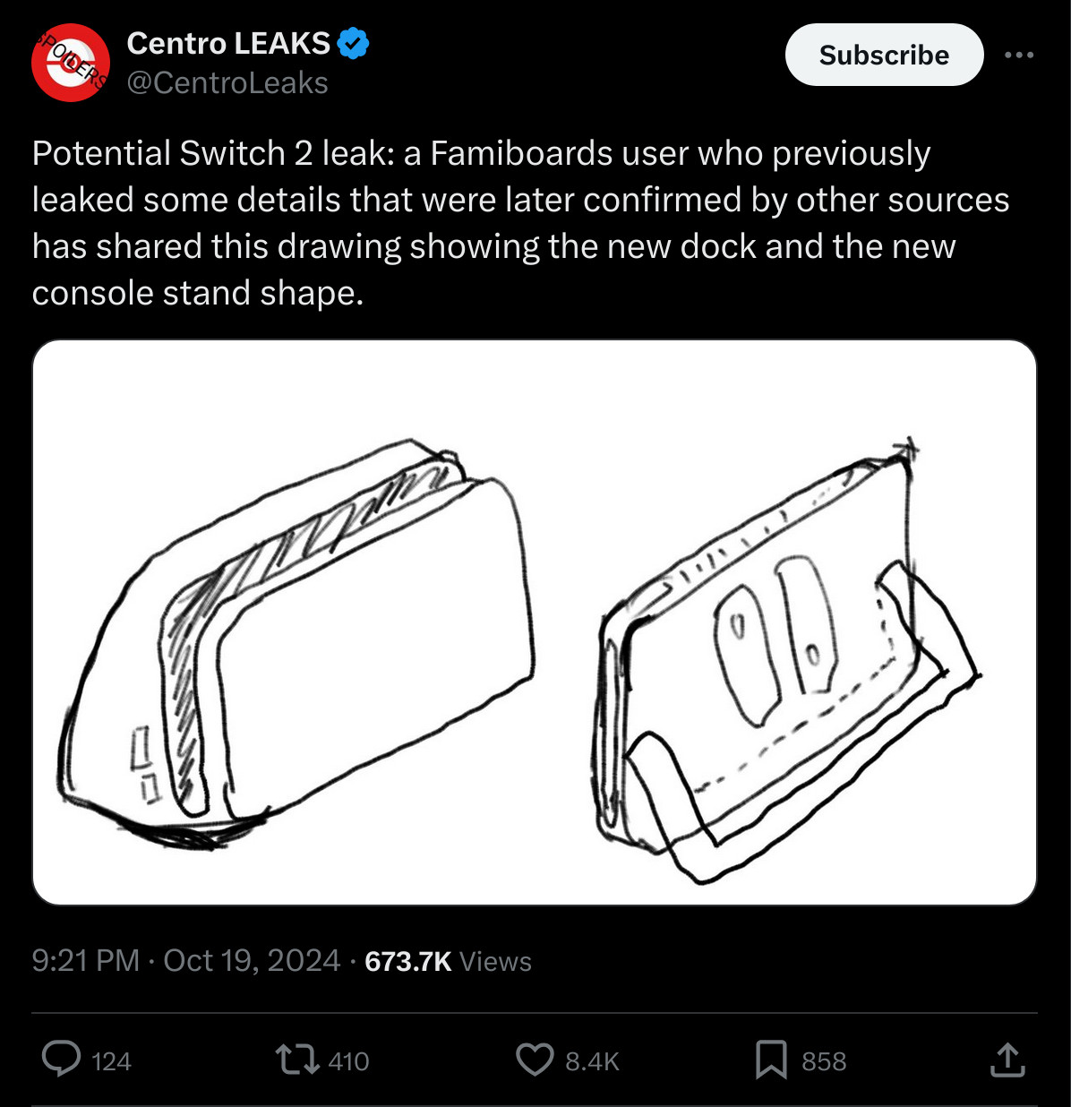 @CentroLeaks on twitter:
Potential Switch 2 leak: a Famiboards user who previously leaked some details that were later confirmed by other sources has shared this drawing showing the new dock and the new console stand shape.

[what looks like a child's sketch of a regular nintendo switch tablet and dock]