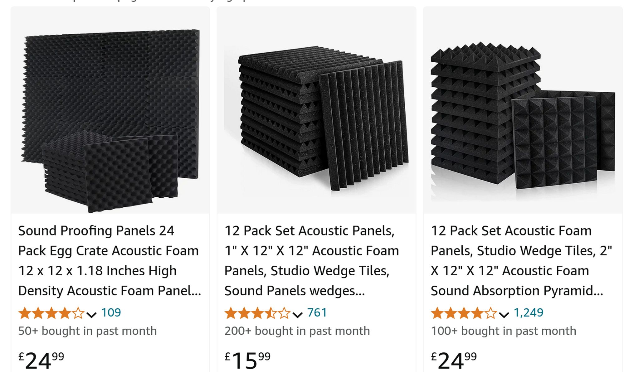 amazon listings for acoustic foam, one egg-crate, one ridged, and one with small pyramids