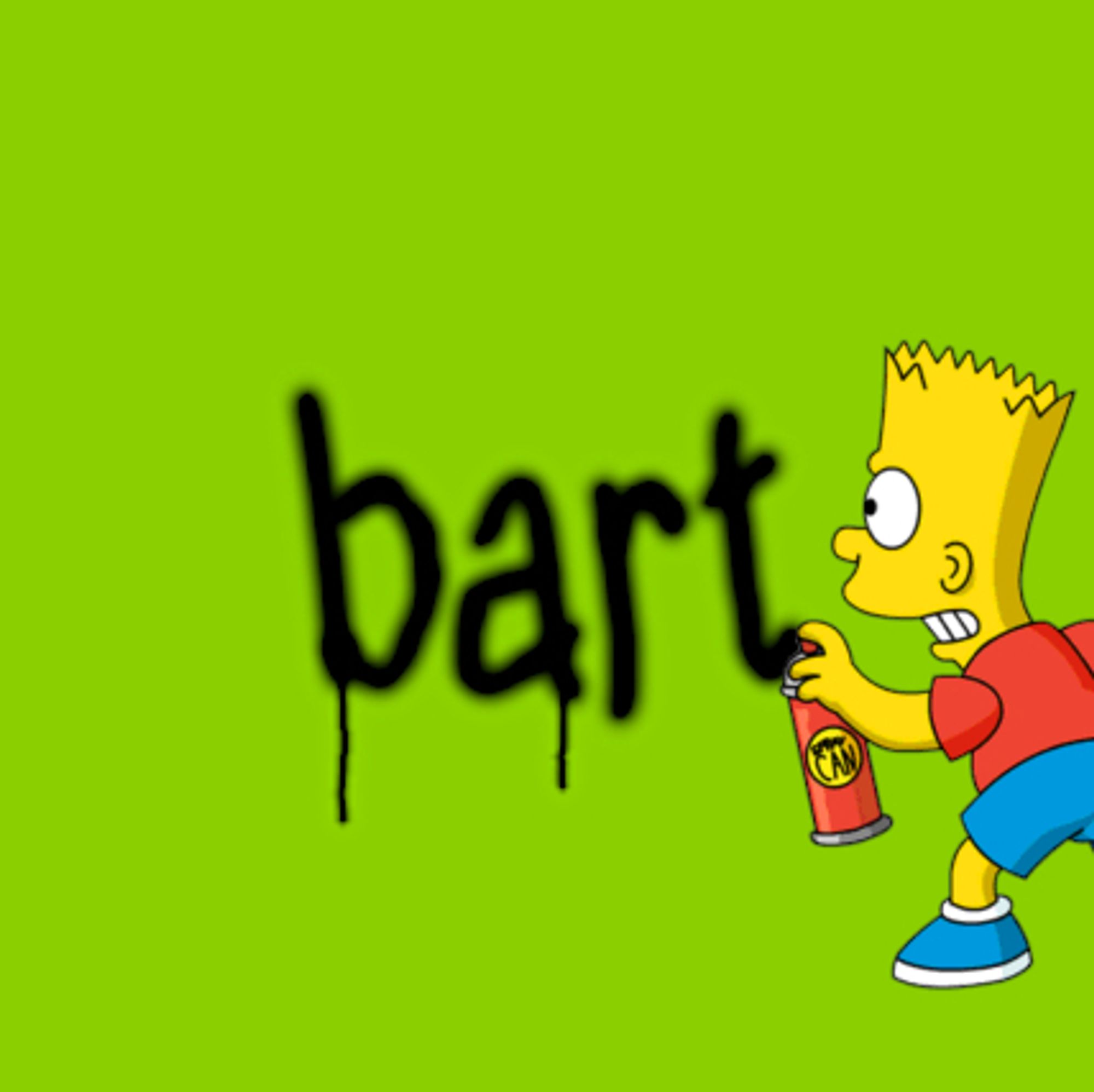 bart simpson graffities the word "bart" in black paint onto a solid lime green wall