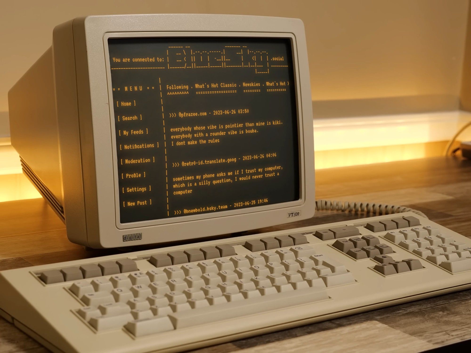 A DEC VT320 Terminal system, running an ASCII-art version of a bluesky user interface.