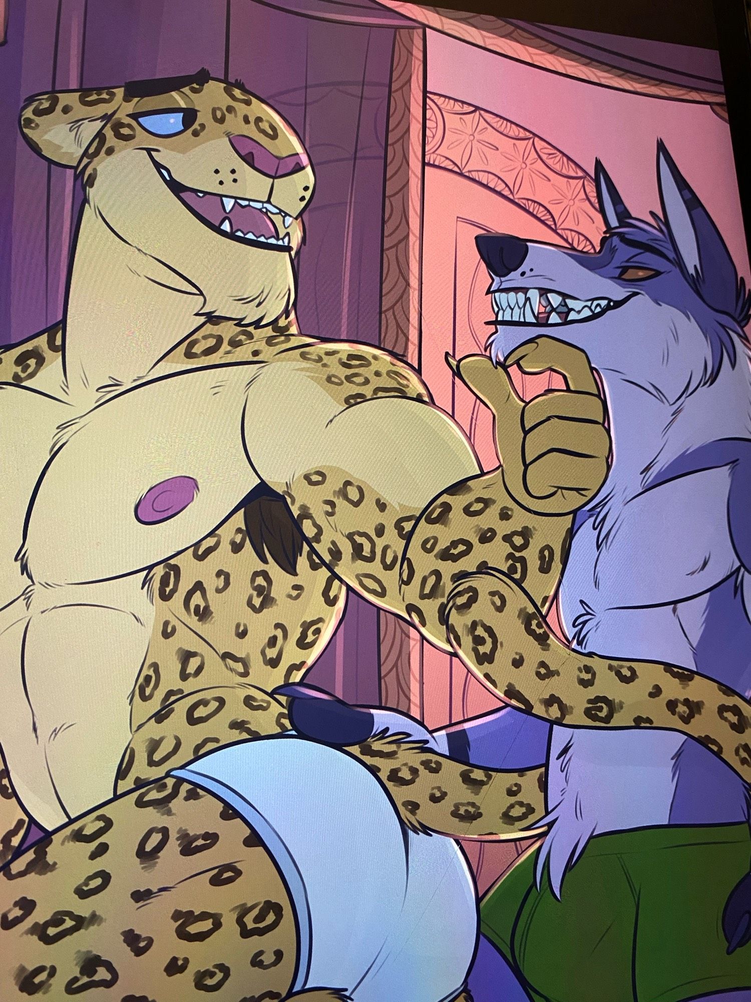 Custom illustration I made of a wolf with his jaguar boyfriend sharing an intimate moment.