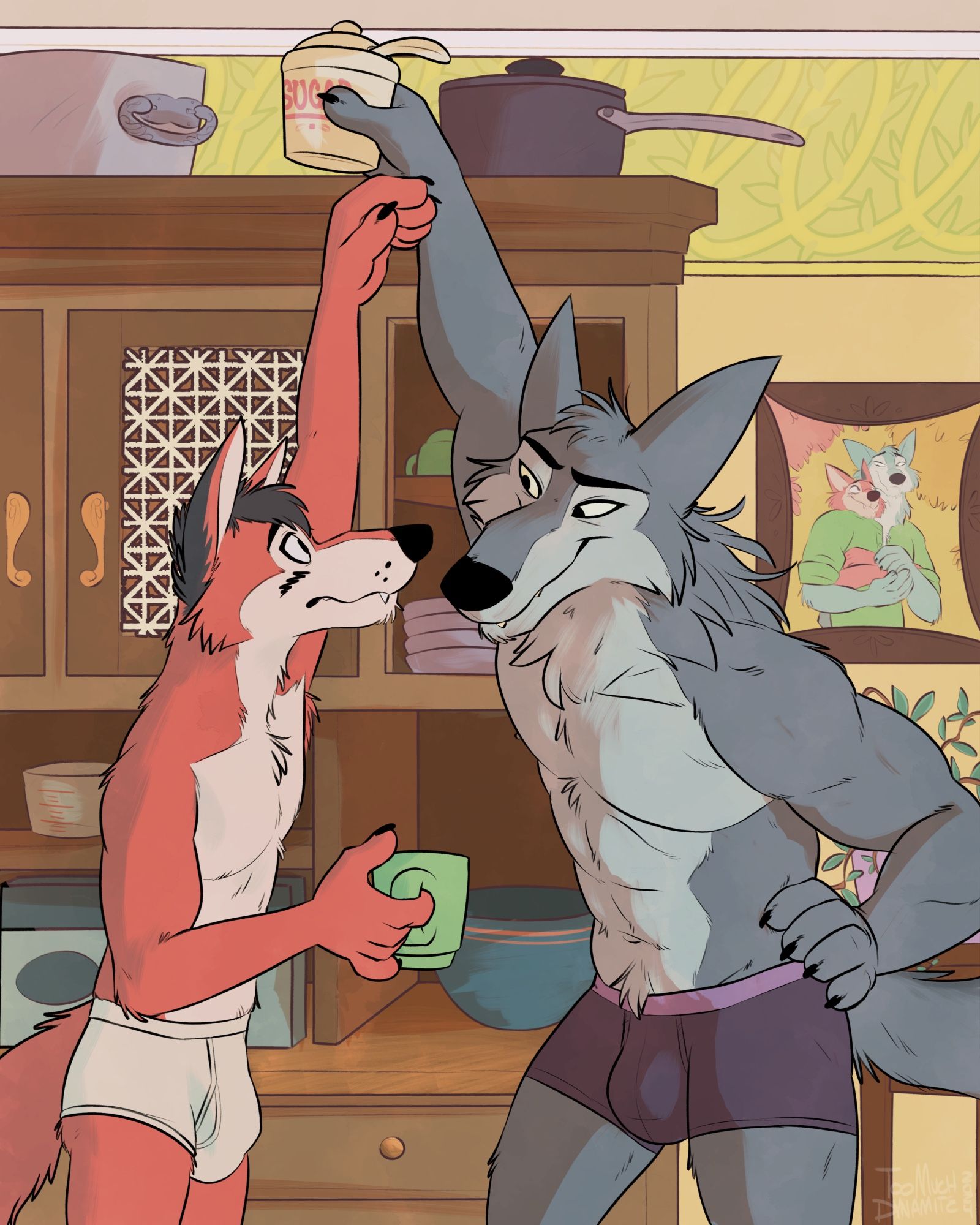 A slice-of-life piece showing a taller wolf teasing his boyfriend. Murrtin, the taller wolf, takes the sugar bowl and moves it to a higher shelf. His partner, Ezo, struggles to reach the sugar he needs for his coffee. The playfulness of the piece expresses their relationship perfectly. 💜