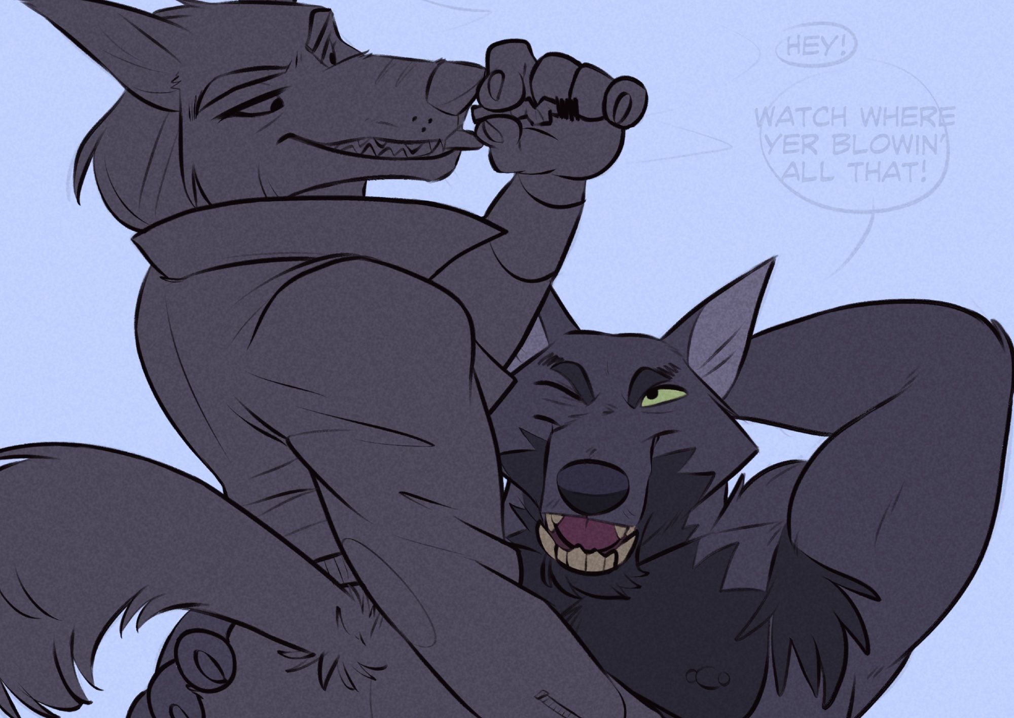 (NSFW WARNING) Screenshot of a WIP illustration that shows two scrugly wolves. One laying on his back atop of a motorcycle just out of frame with his buddy blowing a drag from a lit, crumpled cigarette. He’s also sporting a leather jacket.

The wolf below him saying “Hey! Watch where yer blowin’ all that!”

This is a WIP image that isn’t yet fully colored or rendered. I’m just sharing it because I like how it’s coming along so far. 💜