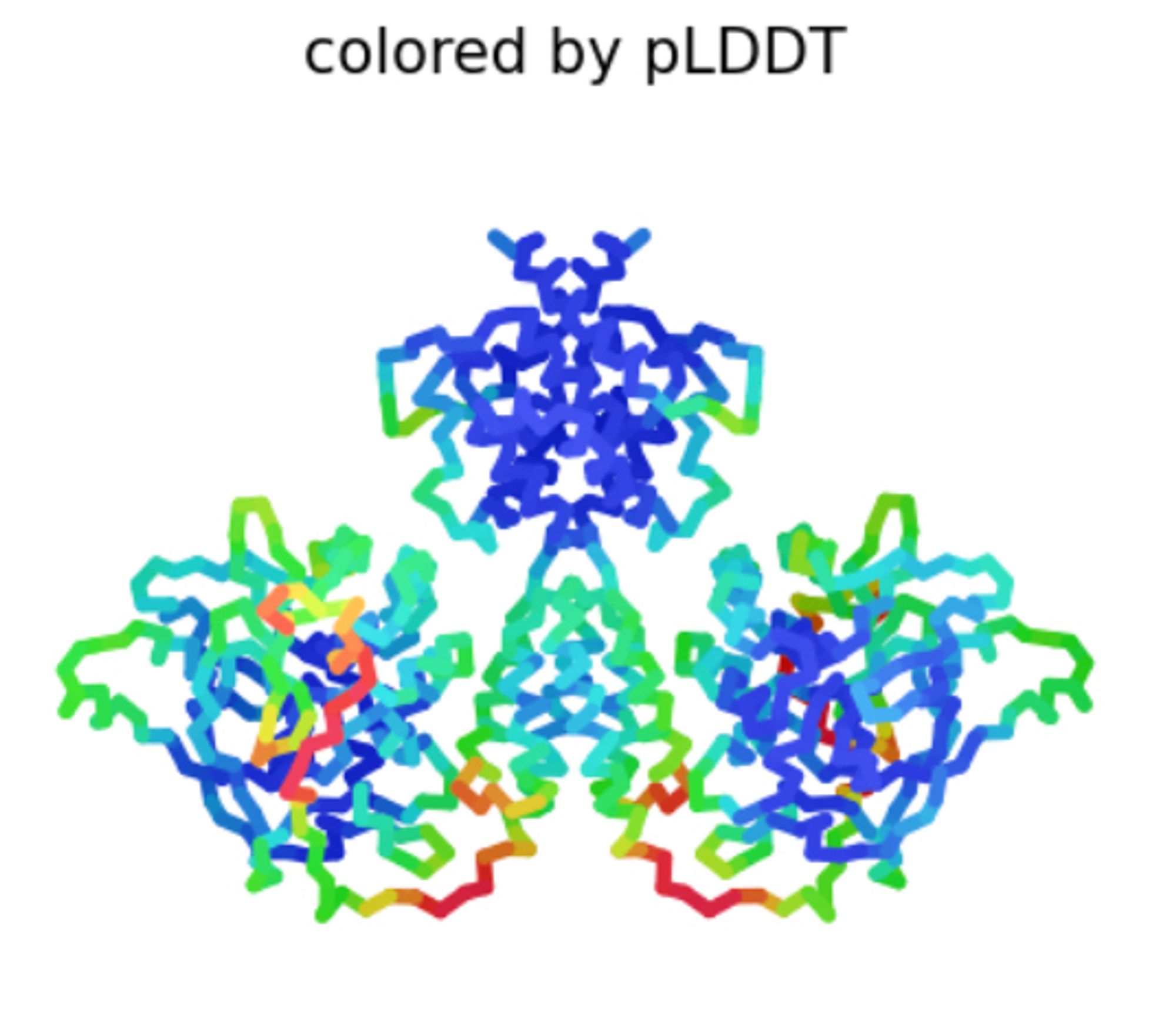 Pictured is a ribbon diagram of a protein homodimer generated by Alphafold. Dark blue ribbons indicate a higher pLDDT score which is a rough confidence score