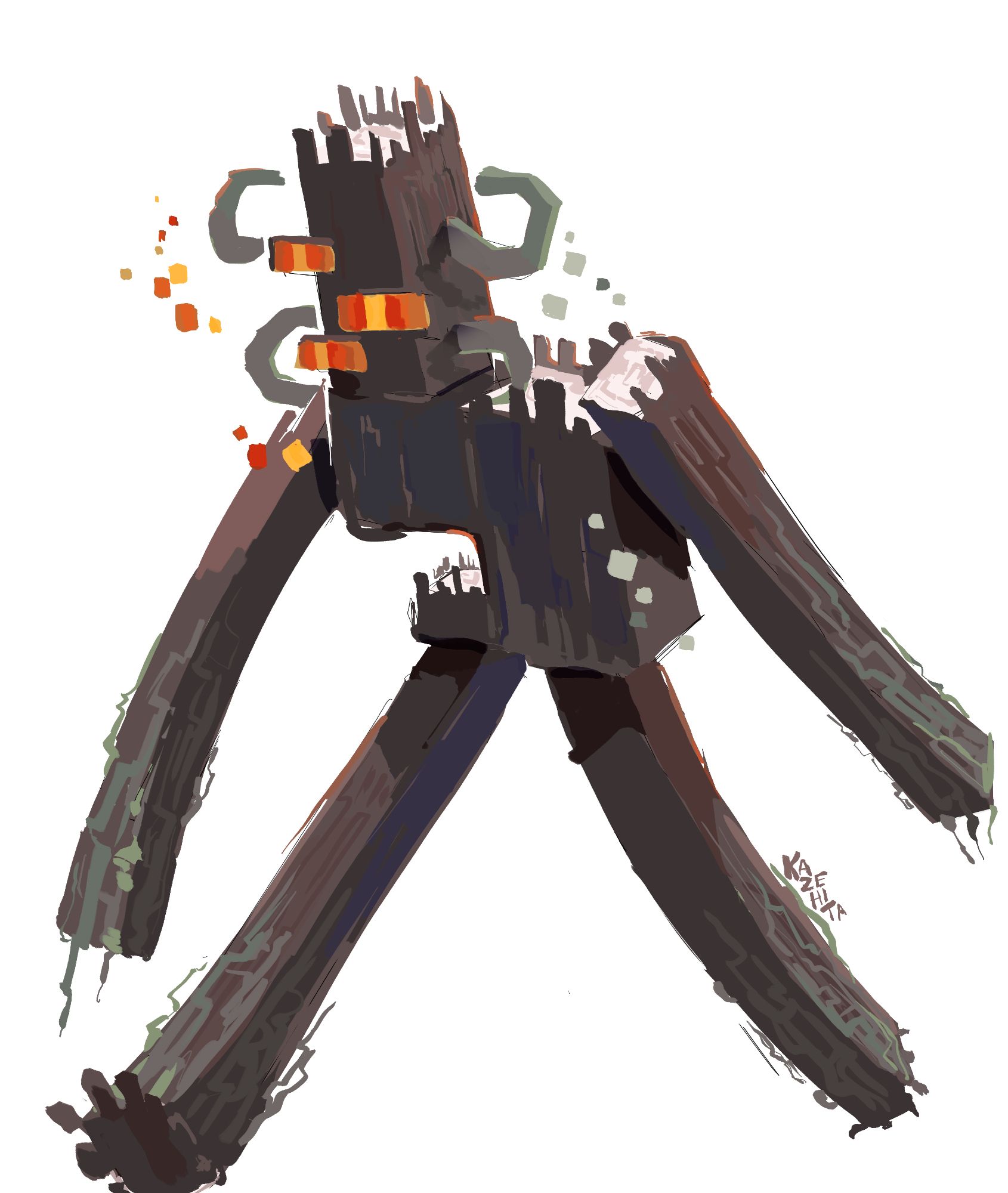 Cartoon drawing of the new mob announced in Minecraft Live, "the Creeking." It has three orange eyes, and its body curves and appears like a tree trunk. It is drawn in a mincrafty style, striding forward at an angle.