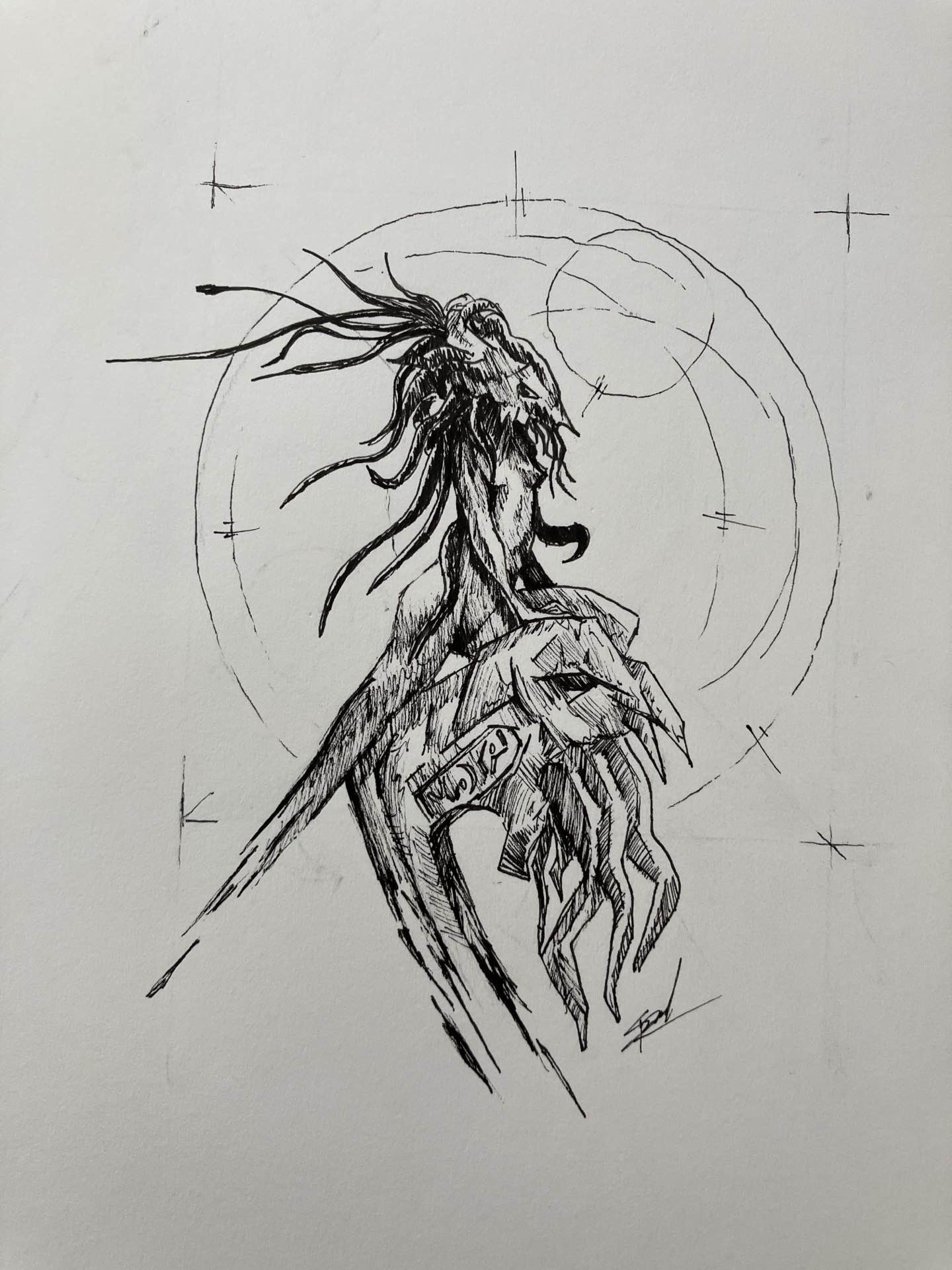 Ink drawing - a female figured body posing on top of a hard edged idol of some form, wearing a skull like mask with tentacles and strands forming from its back. 