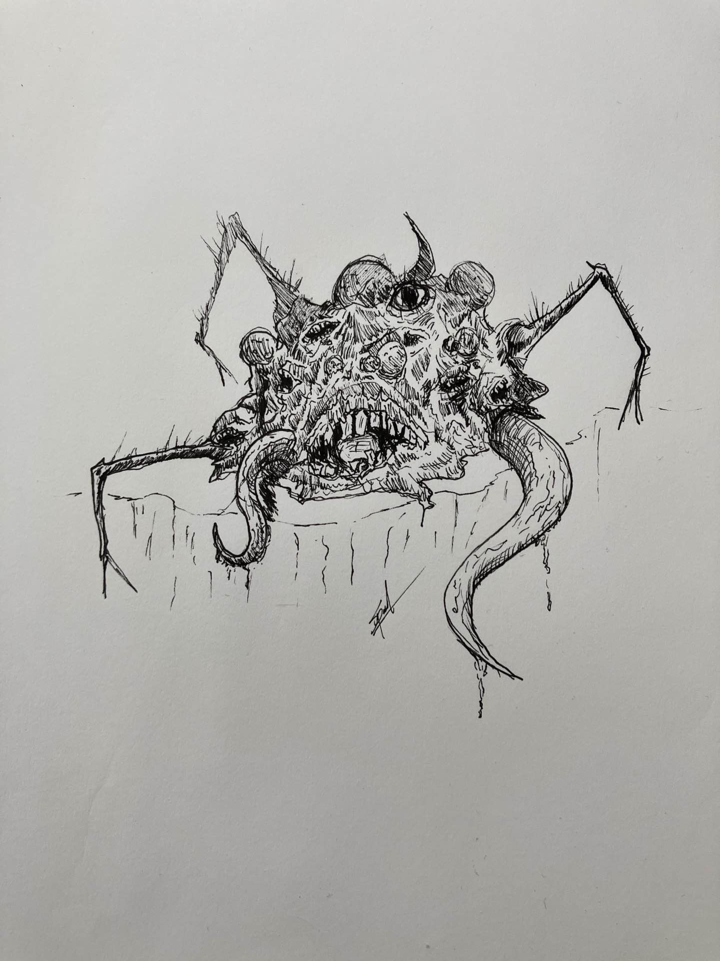 Ink drawing: a morbid mass of flesh and tentacles, without describable form. 