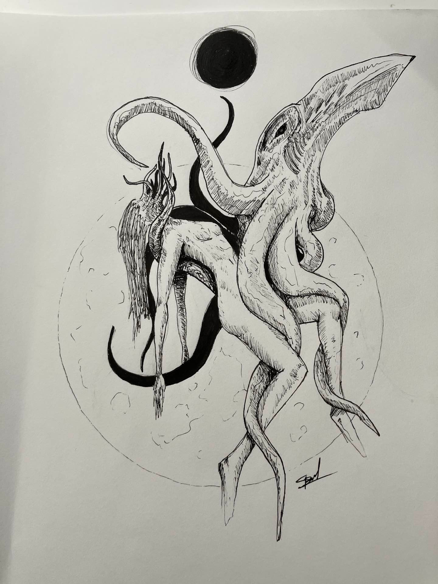 ink drawing - a merging of a female form and a squid like being with a moon and black sun silhouetted behind them