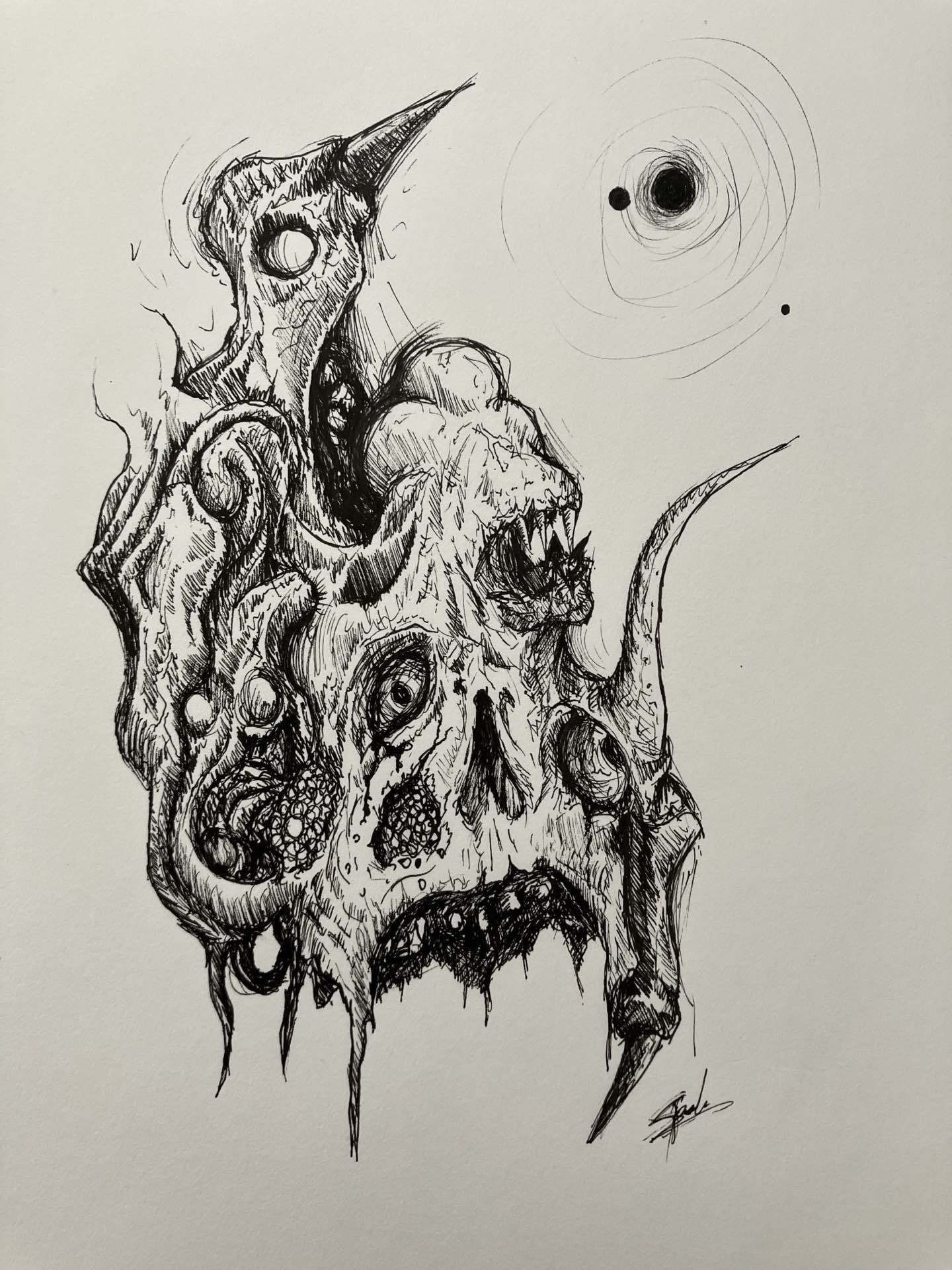 ink drawing - an indescribable form of flesh, with eyes, and mouths melting into each other, and a black sun and black moon far off in the distance behind it. 