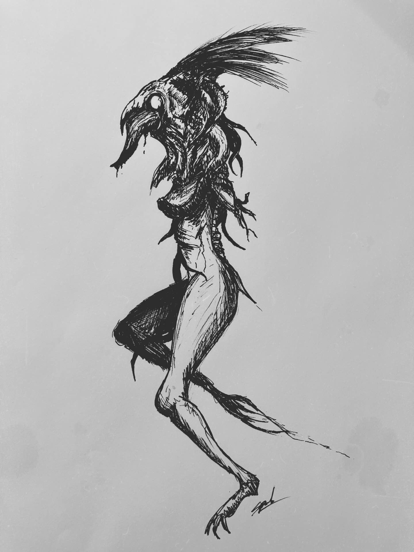 ink drawing - a female figure in a strange indescribable mask with fur/hair coming from the top, and her legs appear to be unnatural near the feet, almost bird like on one, and squid like on the other. 