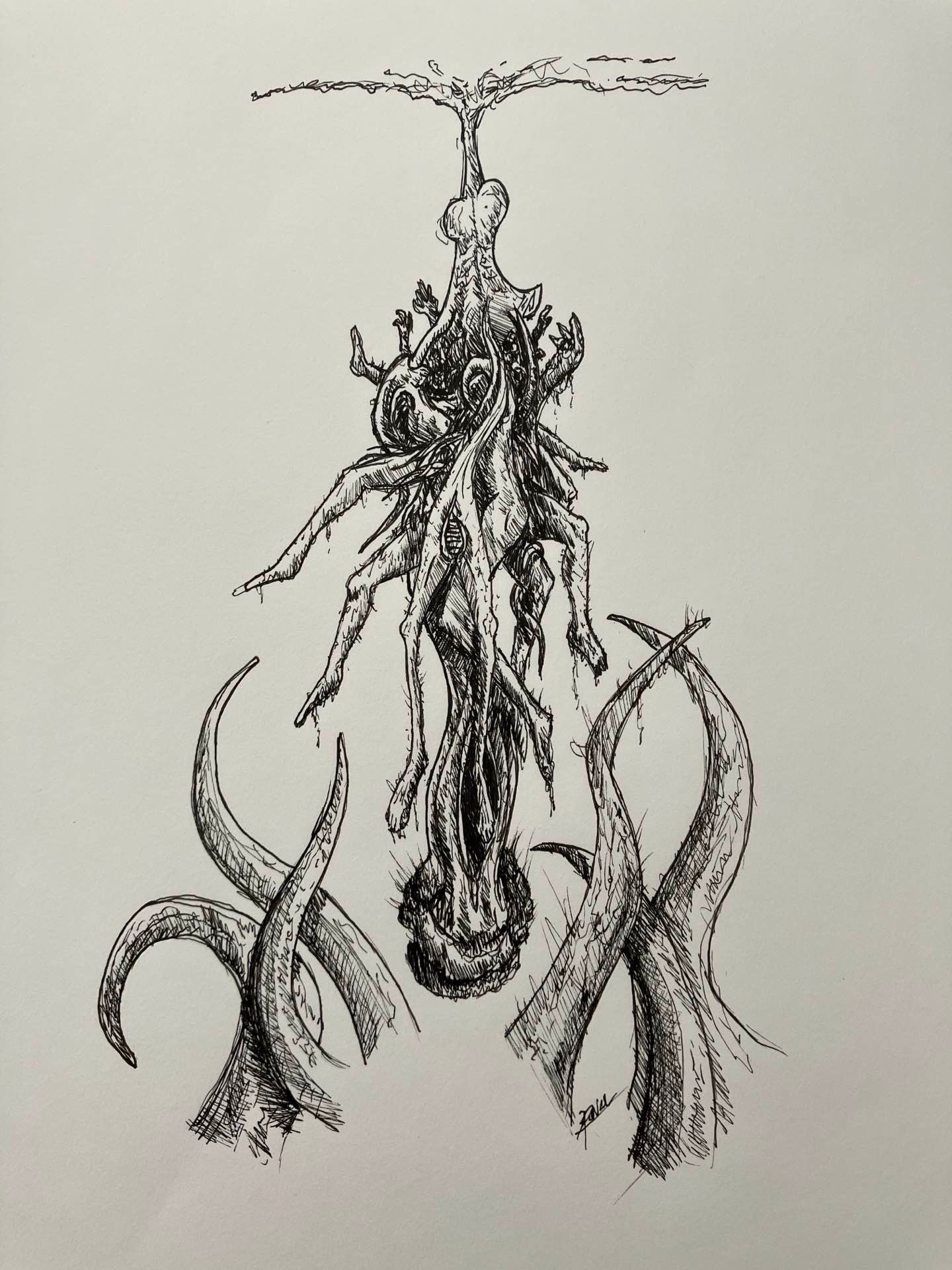 ink drawing - a merging of hanging bodies being fed to an unknown beast below