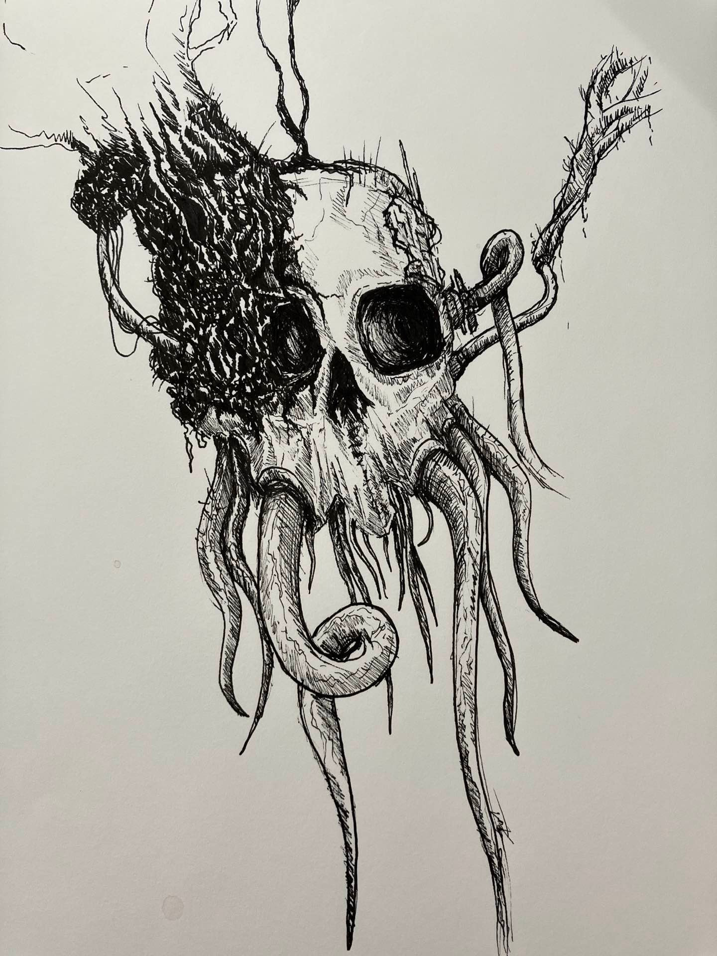 ink drawing - a skull with tentacle extrusions, hoses and wires coming out from one side, with a garbage mess of flesh, like an infection coming out of the other. 