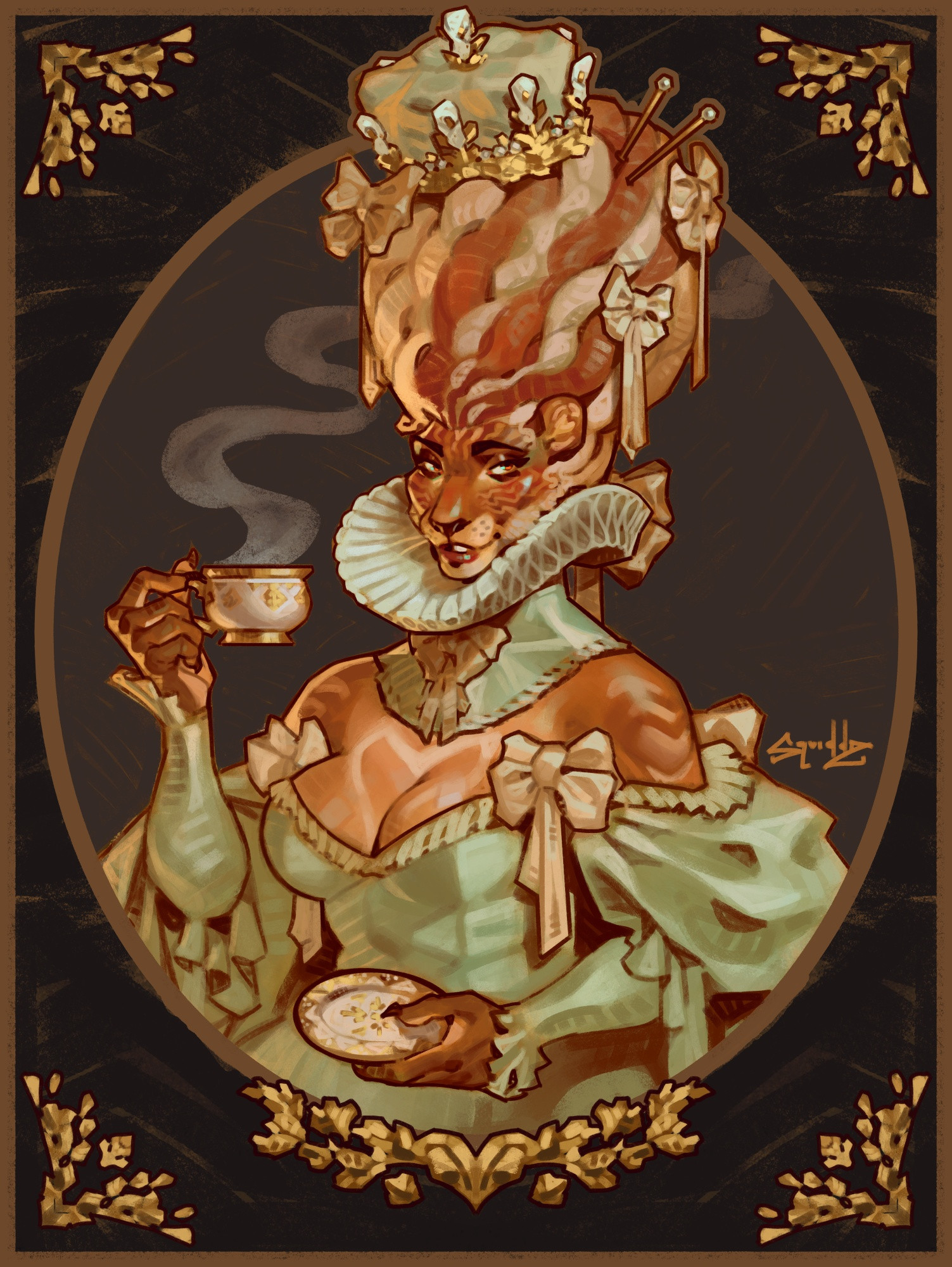 A female anthro lion in historical-fantasy clothing with a huge Georgian hairdo, holding a steaming cup and saucer and smiling at the viewer 