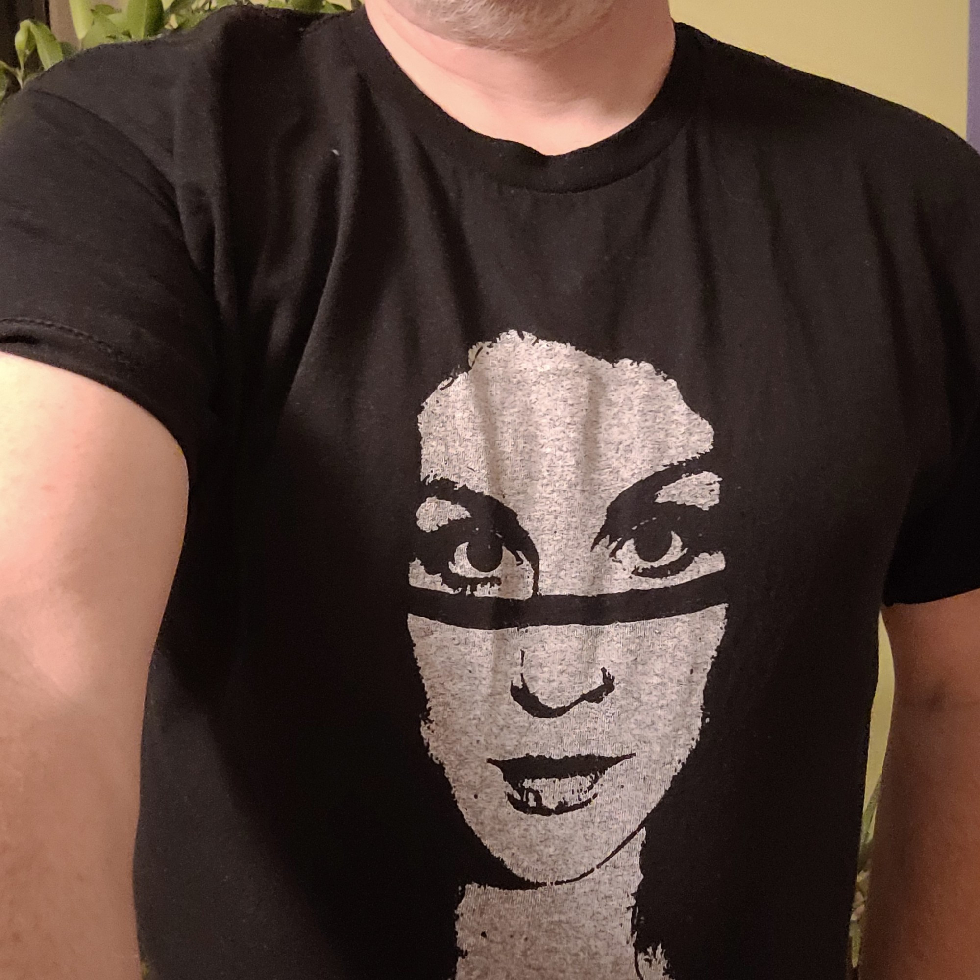 Das Bild zeigt den mit einem T-Shirt der nordirischen Musikerin Amy Montgomery bekleideten muskulösen Oberkörper eines gutaussehenden Mannes.