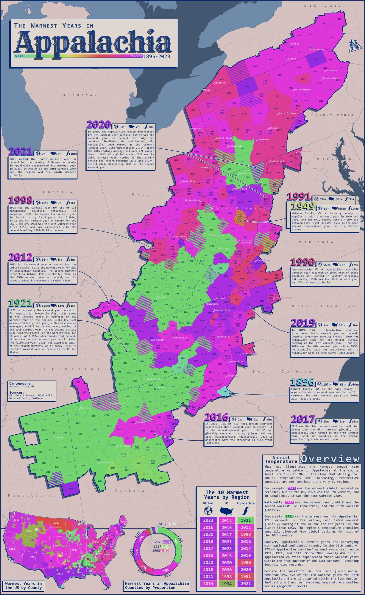 A map showing a very colorful map of the Appalachian region in the United States. 