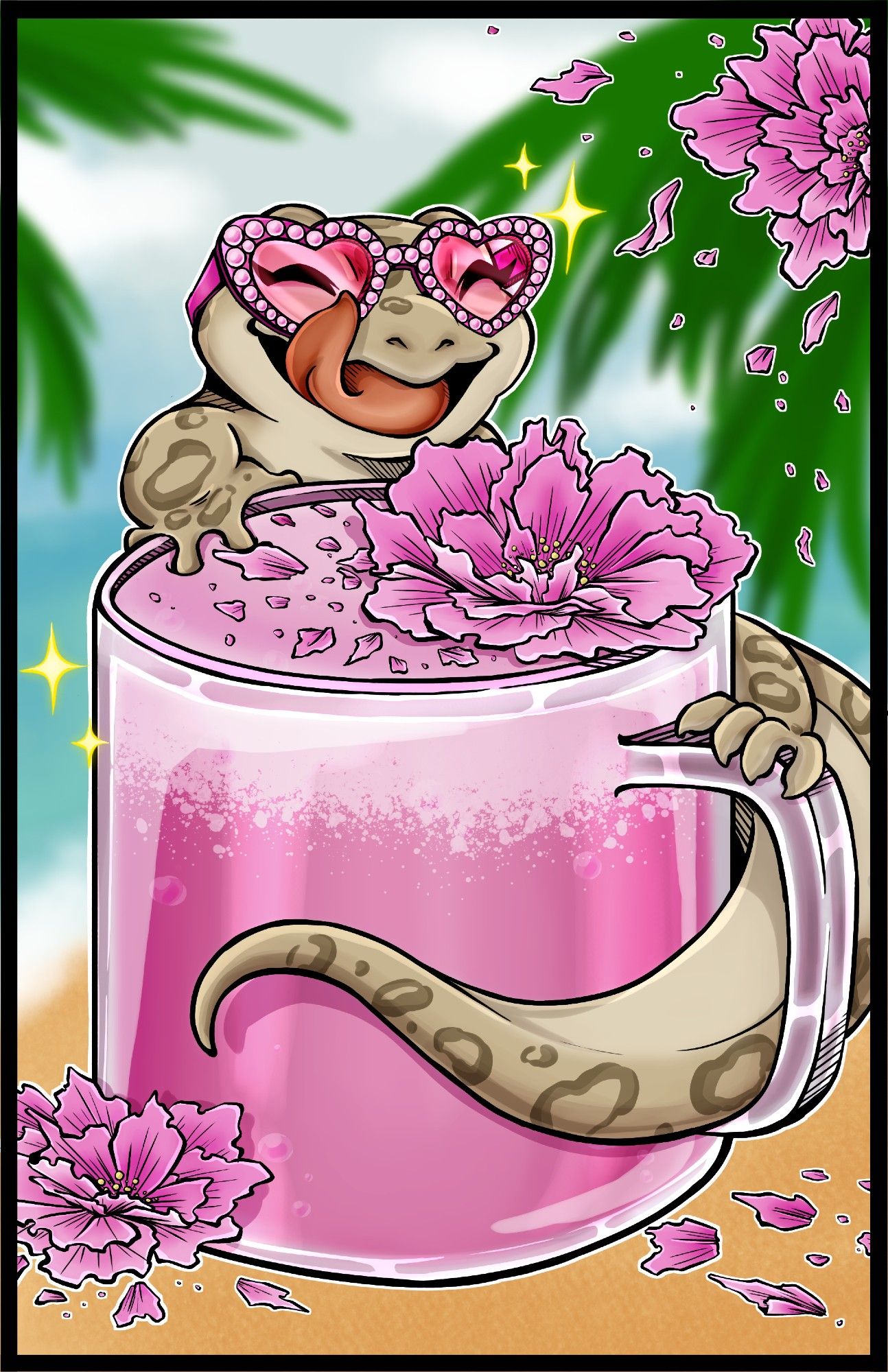 Um lagarto de óculos de sol rosa sorri enrolado em um grande copo de drink enfeitado com flores.