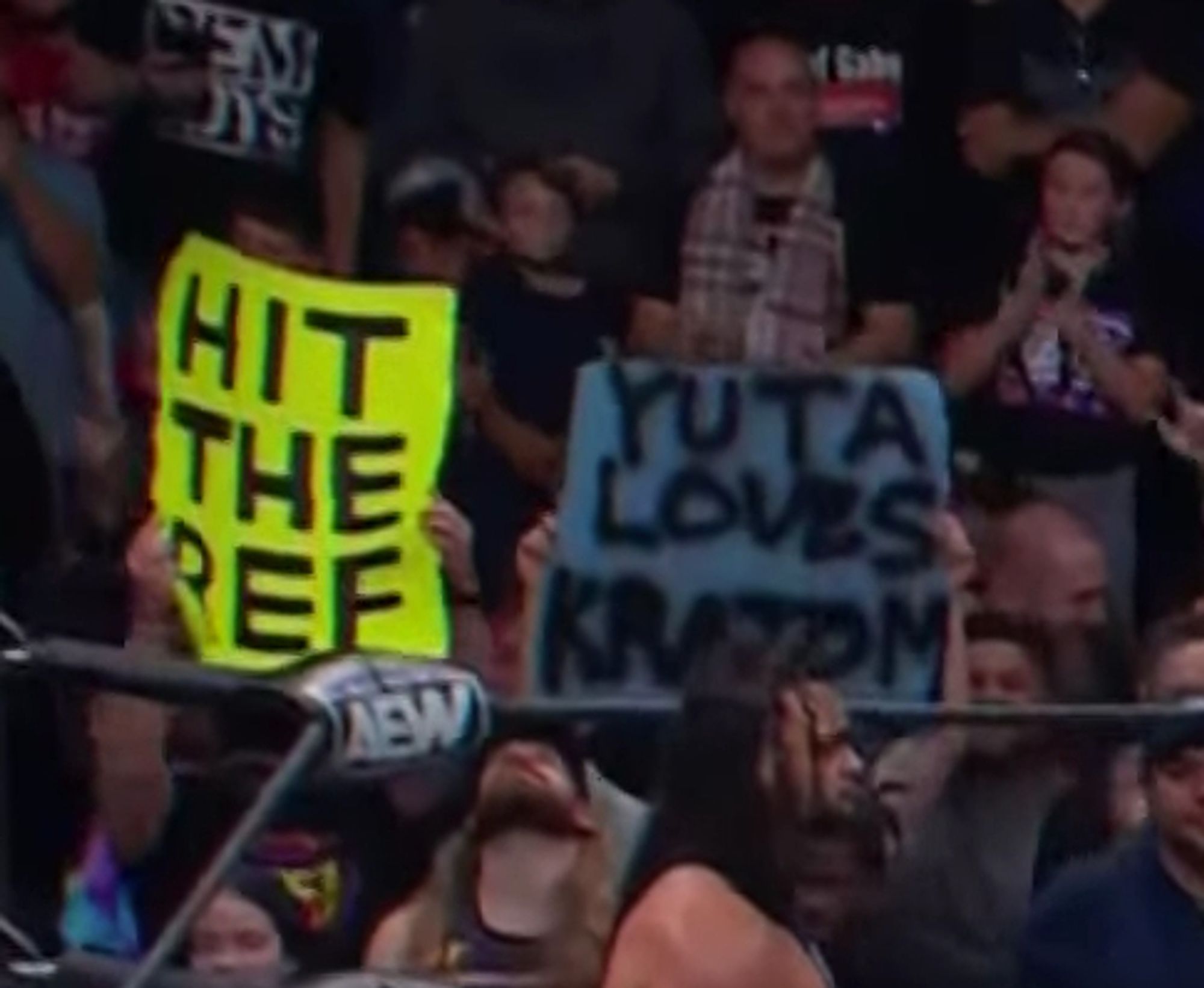 Two signs. One says "HIT THE REF". The other says "YUTA LOVES KRATOM"