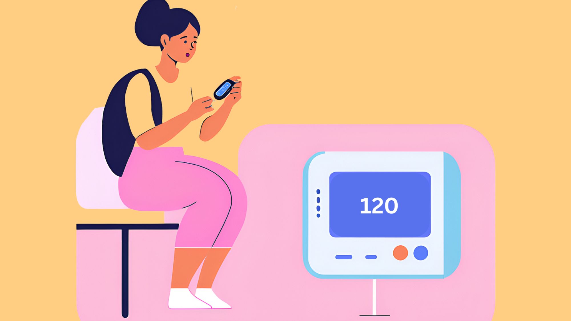 Graphic of a woman with black hair in a bun sitting testing her blood sugar which is 120.