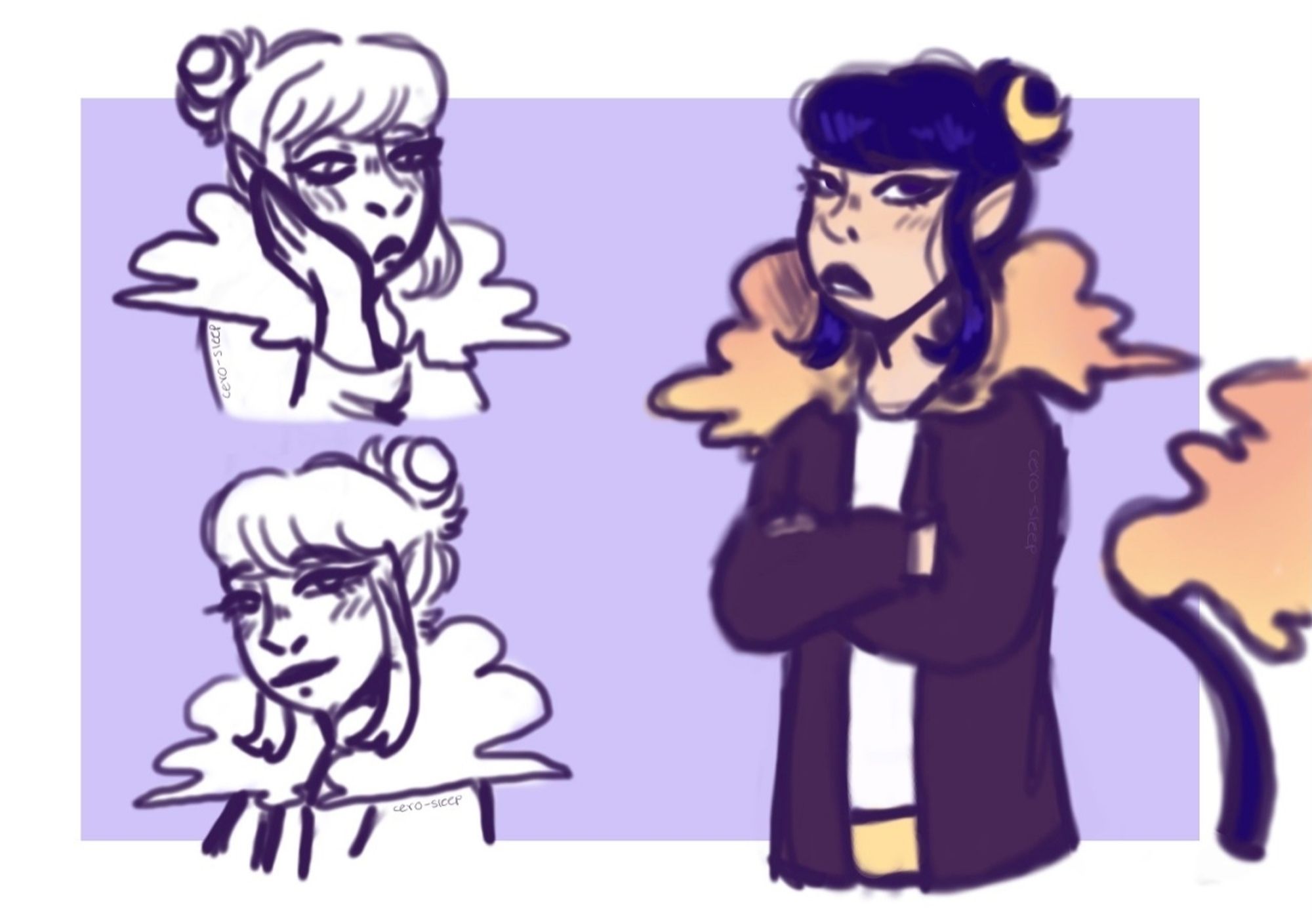 Doodle page of Celene. 
She is a humanoid celestial deity. She has long dark blue hair with bangs and a bun with a crescent decoration.
She wears a fuchsia sweater with yellow-orange clouds on the collar, a white shirt and yellow skirt. 
She has a blue tail that ends on clouds.
There are three doodles, on the right is a colored halfbody where she has her arms crossed and is rolling her eyes. On the left are two uncolored headshots, in one she appears bored and in the other one is smiling.