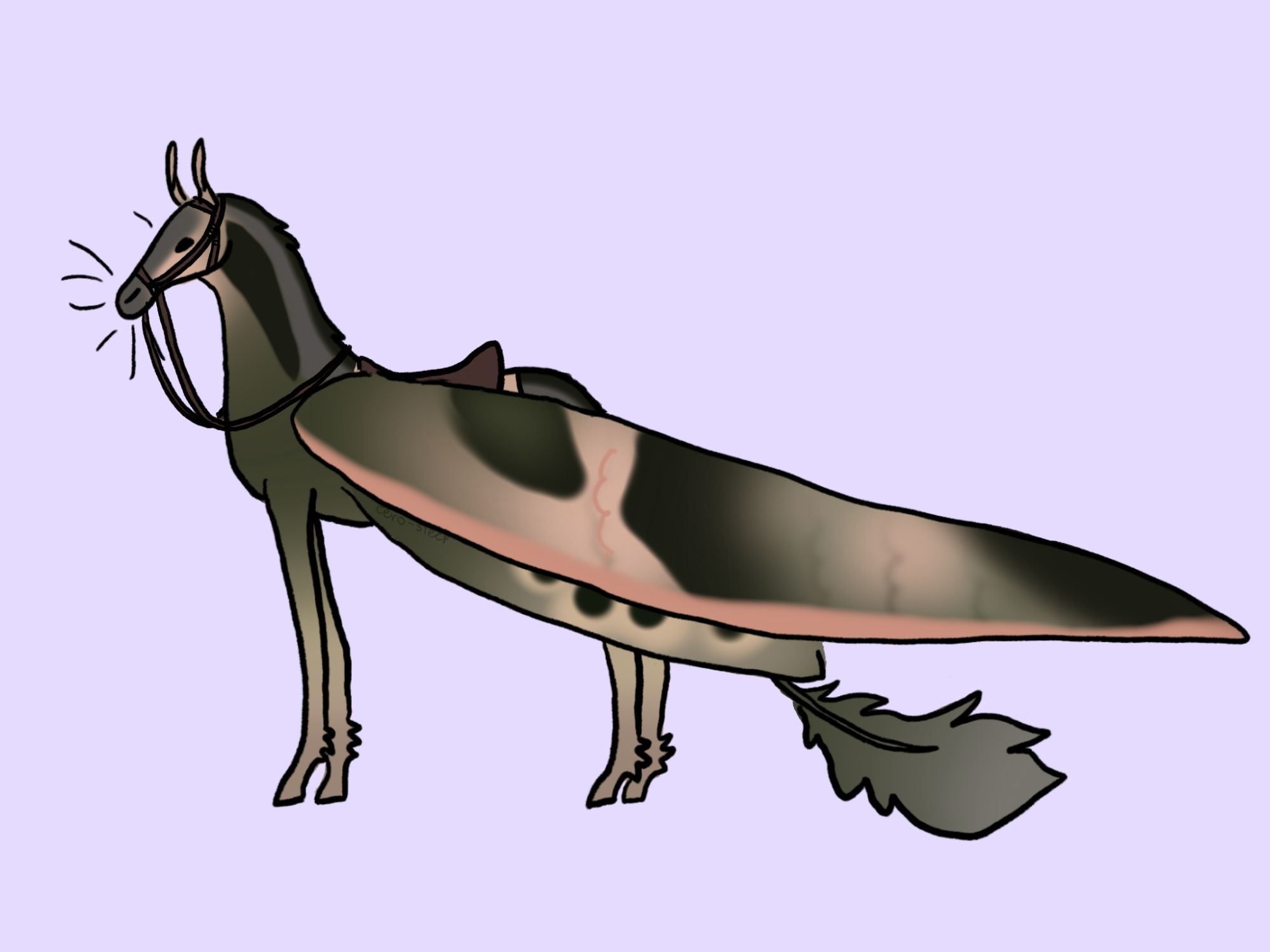 Full drawing of Pandora with tack. She is a slim built pandora sphinx moth horse. 
She is mostly green, with some light brown and pink.
Her tack is brown and simple.